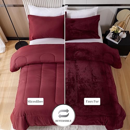 Miniatura 6 de YIYEA Juego de edredón de piel sintética tamaño King, edredón de felpa ultrasuave y esponjoso, juego de edredón coral tamaño King, juegos de ropa de