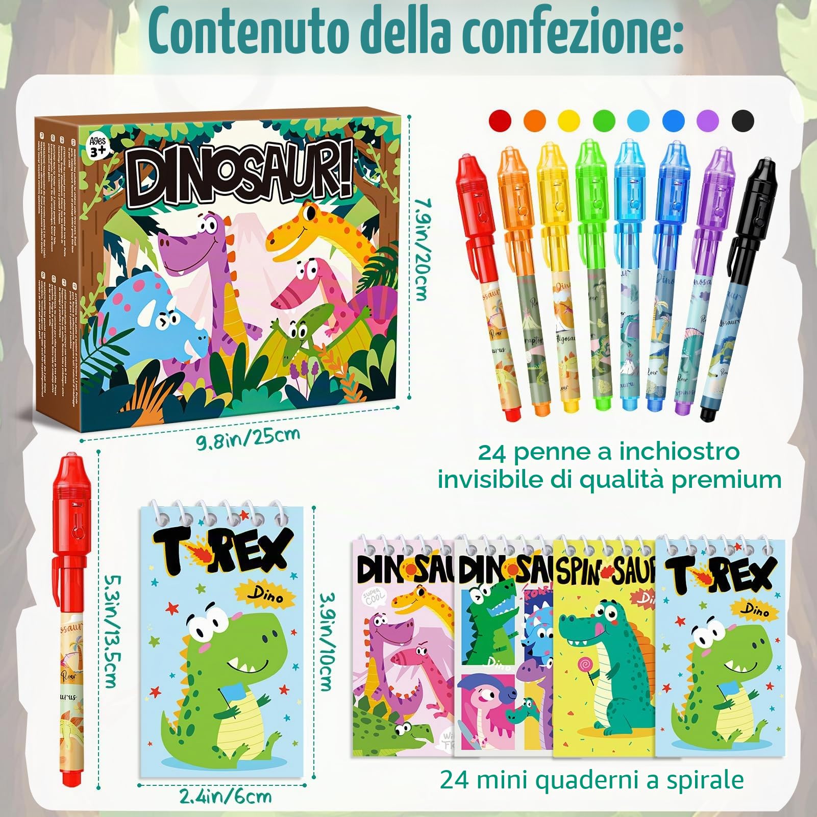 Toyssa 48 Pezzi Gadget Compleanno Bambini con Penna Invisibile & Taccuino, Regalini Fine Festa Compleanno per Bambini, Gadget Pignatta Bambino Bambina (Dinosauro)