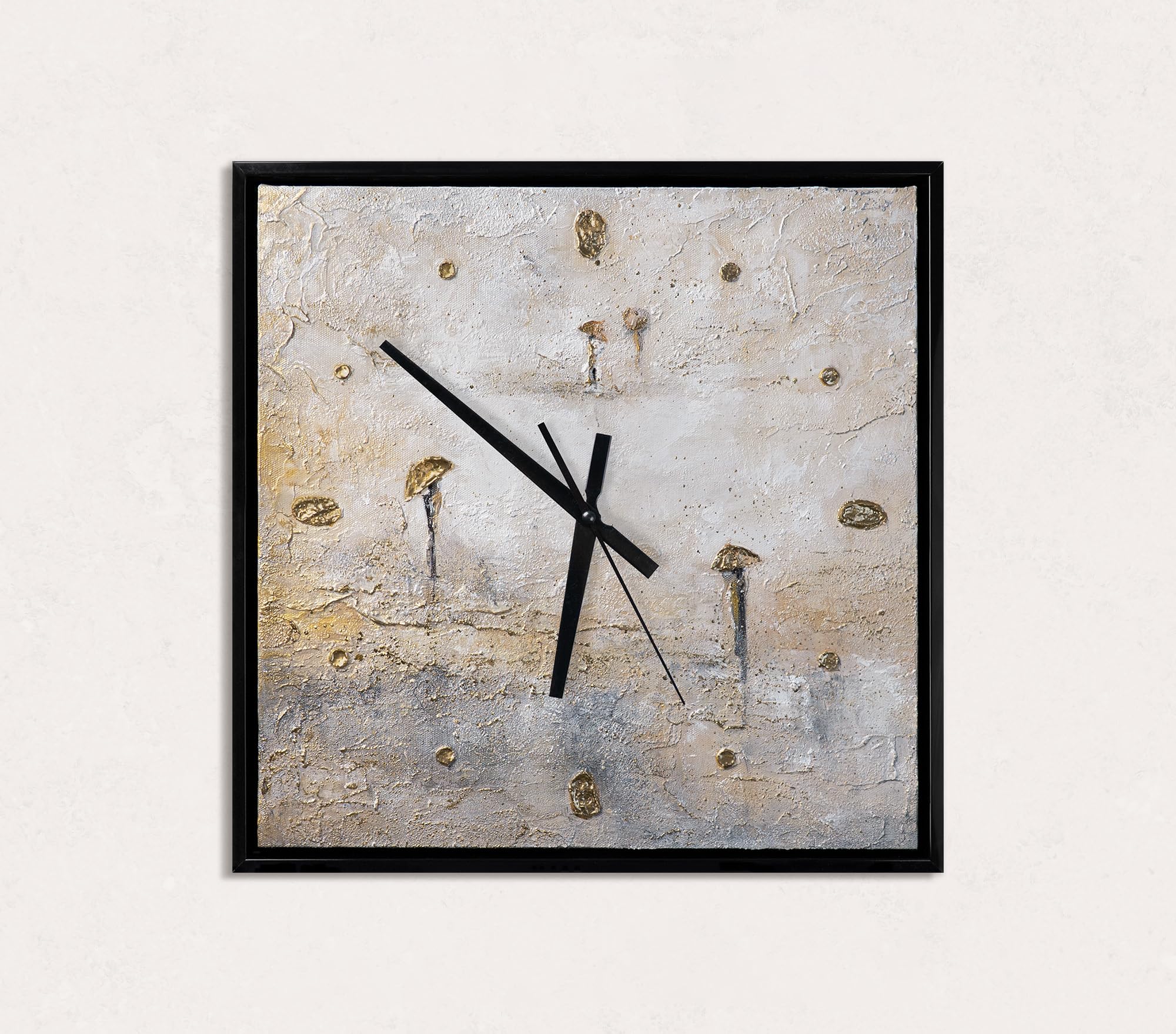 YS Wall Clock Hand Painted 35 x 35 cm - Abstract Figures Beige & Gold Art Gallery