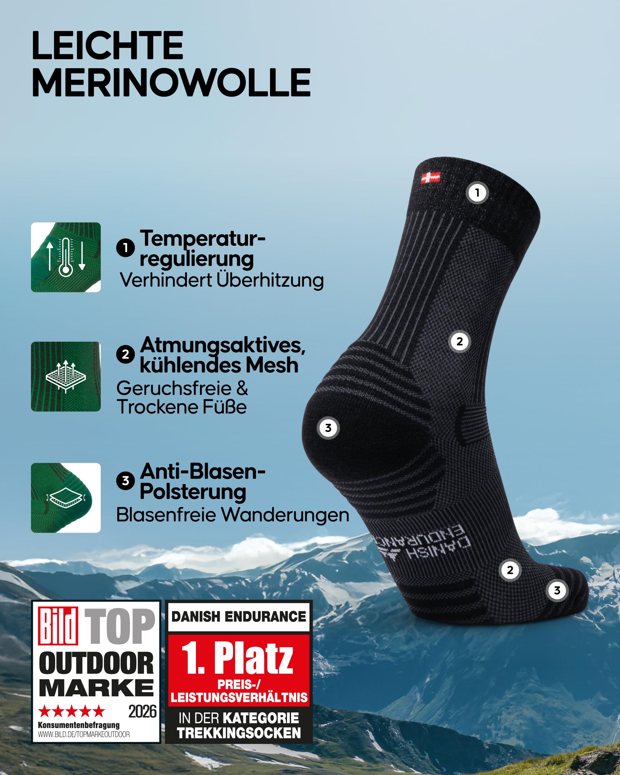 DANISH ENDURANCE Leichte Merinowolle Wandersocken, Arbeitssocken, Merino Socken, Funktionssocken, Atmungsaktiv, Gepolstert, Herren & Damen, 3 & 5 Paar