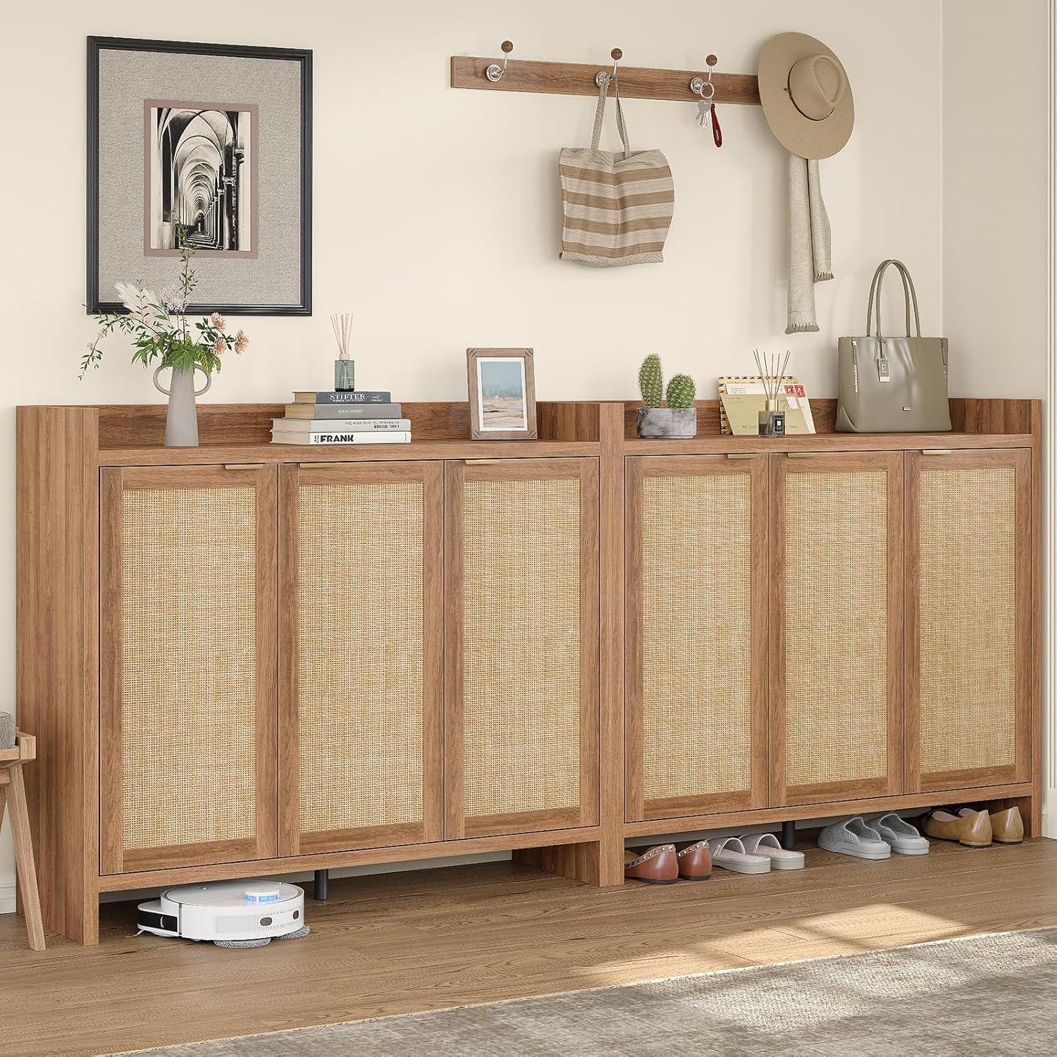 Yanosaku 47.2" Rattan Shoe Cabinet with 3 Doors & 4 Adjustable Shelves, Boho Shoe Storage Cabinet with Large Tabletop & Anti-Slip Lip, Modern Wood Shoe Cabinet for Entryway, Hallway, Walnut
