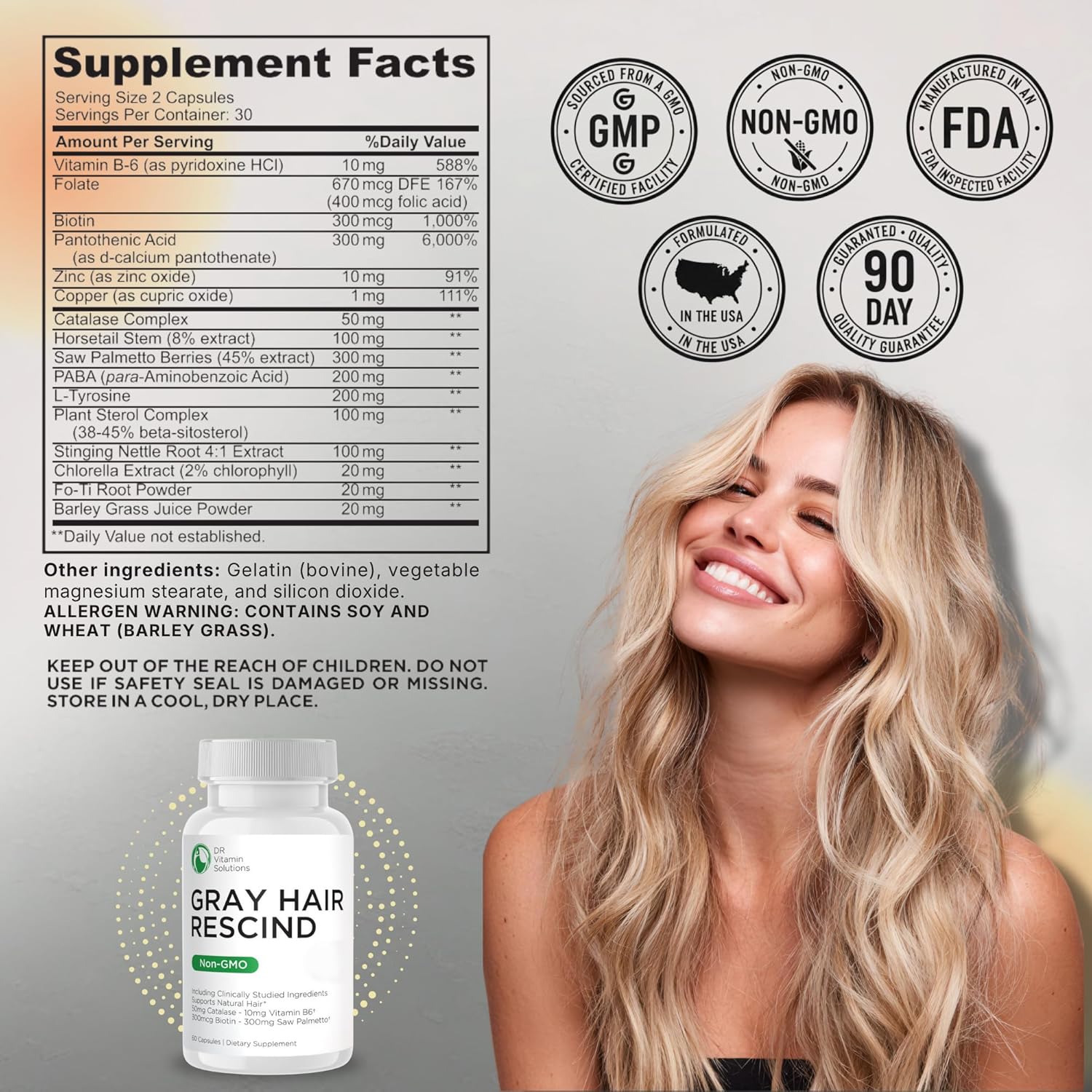 Gray Hair Rescind with Catalase - Antiaging Hair, Skin and Nails Vitamins, Pantothenic Acid, Folic Acid 400mcg, Biotin 300mcg, Saw Palmetto for Men and Women - Image 2