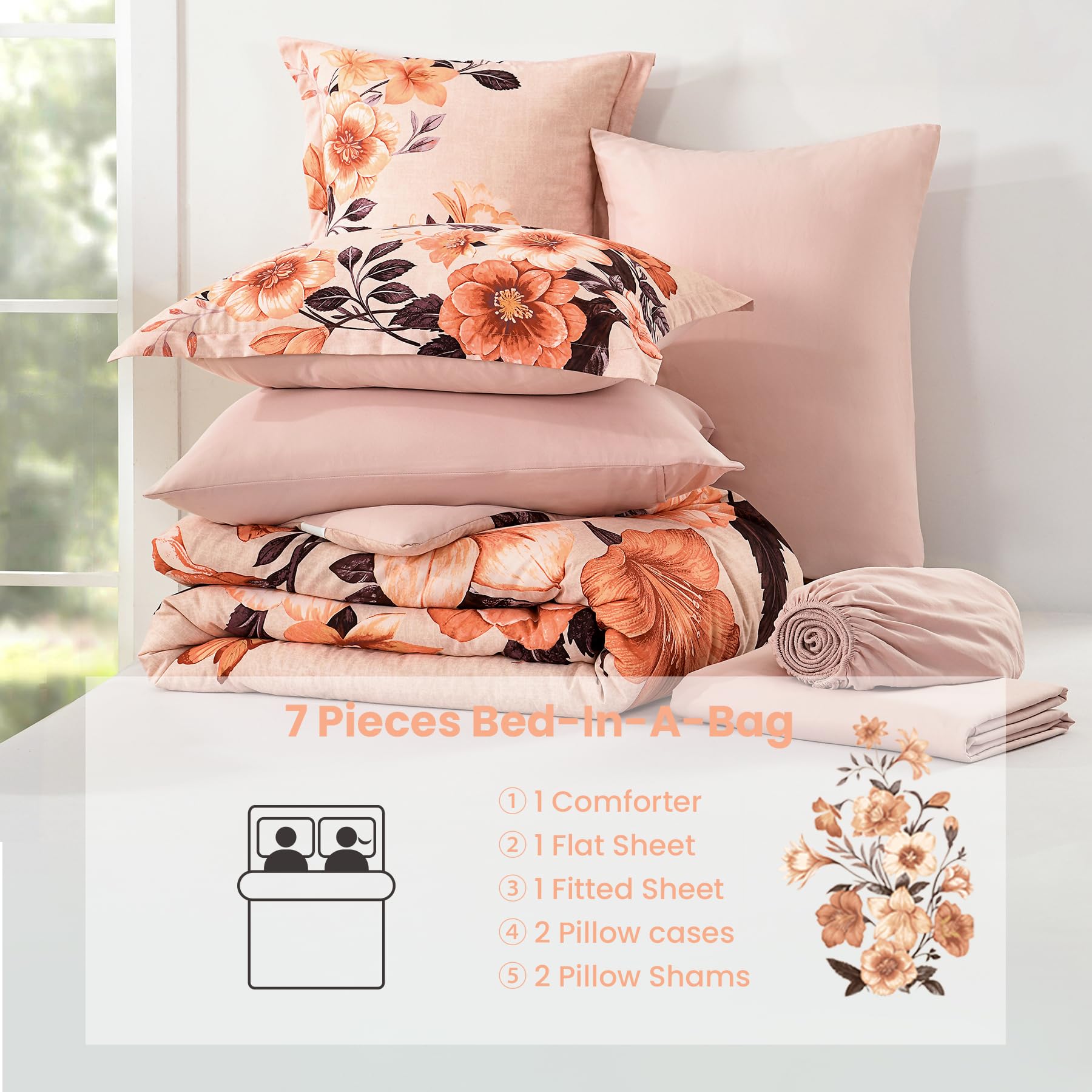 Juego de edredón floral tamaño King, 7 piezas de cama naranja en una bolsa, elegante juego de edredón con patrón de flores con sábana, juegos completos de microfibra suave para todas las 7