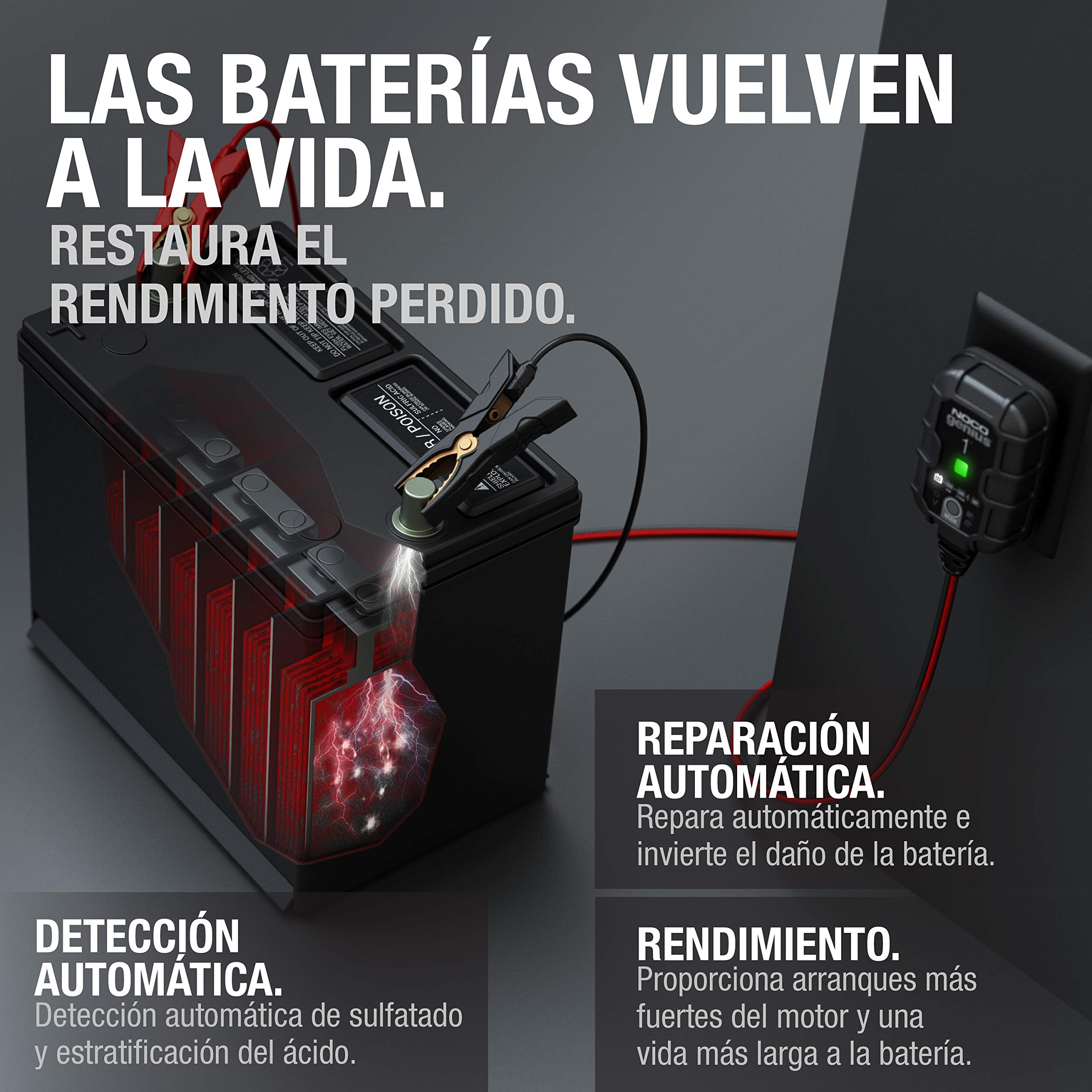 NOCO GENIUS1: Cargador Inteligente de baterías 1A 6V/12V – Mantenedor automático y desulfatador – Protección contra sobrecarga y compensación térmica – para baterías de Plomo y Litio