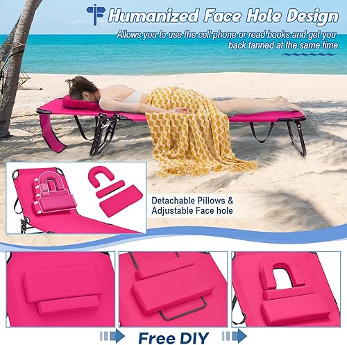 Miniatura 6 de Goplus Silla bronceadora, silla de playa plegable con orificio para la cara, almohada extraíble, capacidad de 350 libras, correa de transporte,
