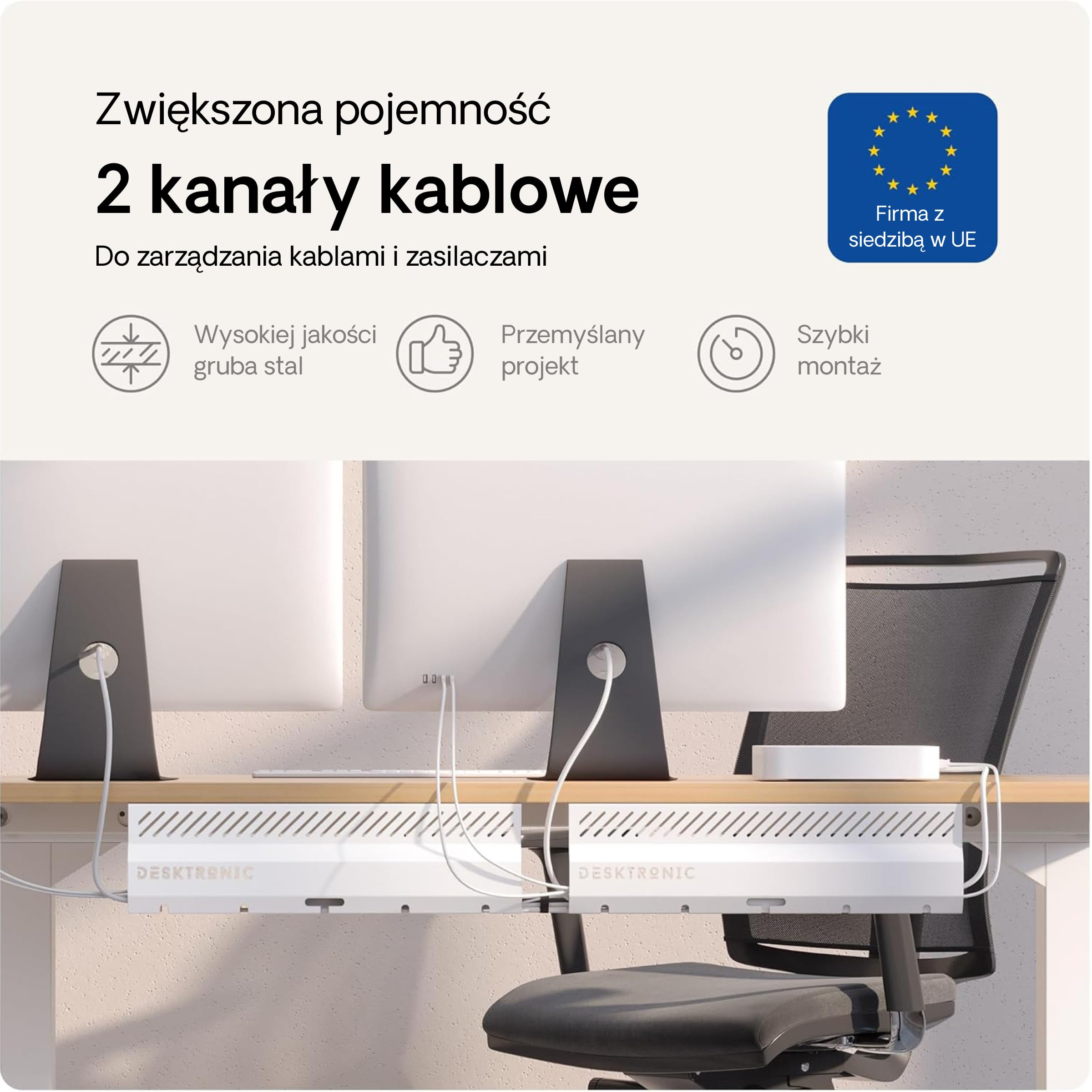 Organizer kablowy, biały, zestaw 2 szt. – stal nierdzewna, do zarządzania kablami, kanał kablowy z 5 otworami na kable – łatwy w montażu organizer – uchwyt na kable Desktronic