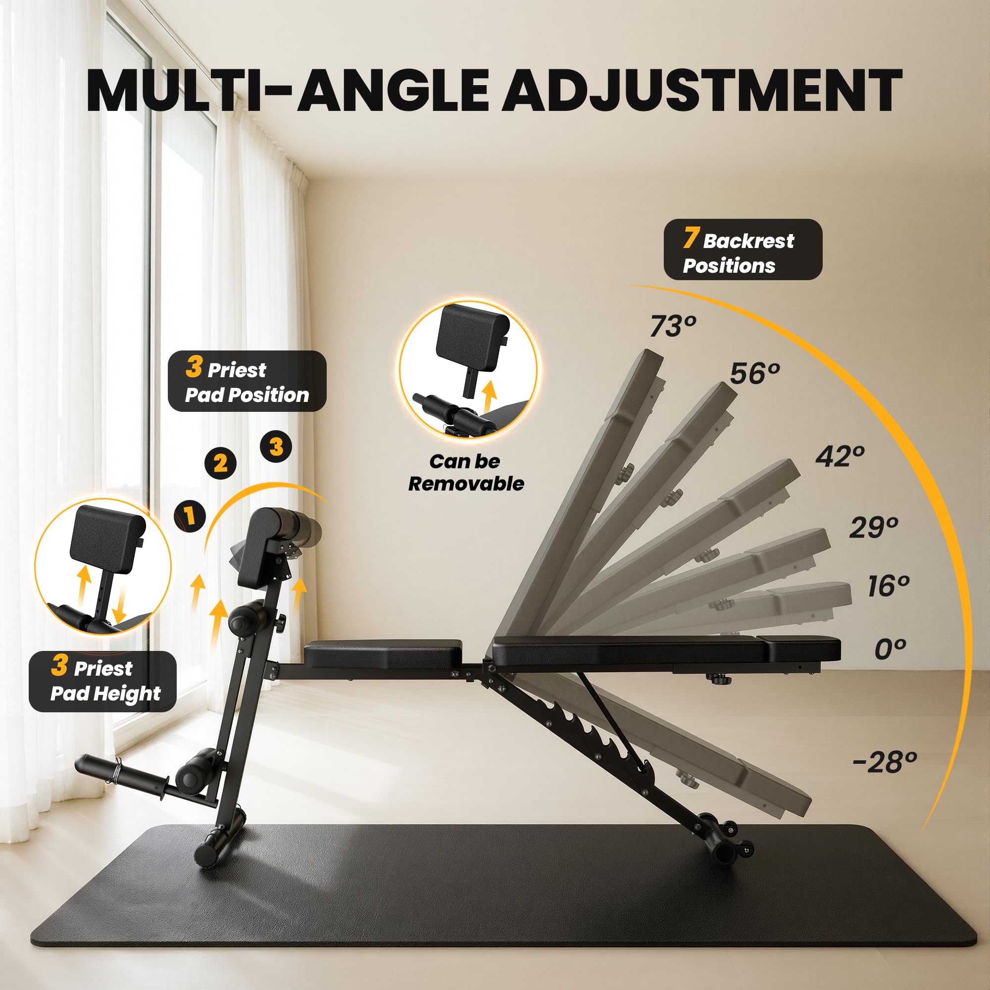 Adjustable Weight Bench for Home Gym, Foldable Workout Bench with Leg Extension and Leg Curl, 770 LBS Multi-Function Preacher Curl Weight Bench for Full Body Training Fitness, Incline Decline Flat Sit Up Bench Home Gym Equipment with Wheels for B
