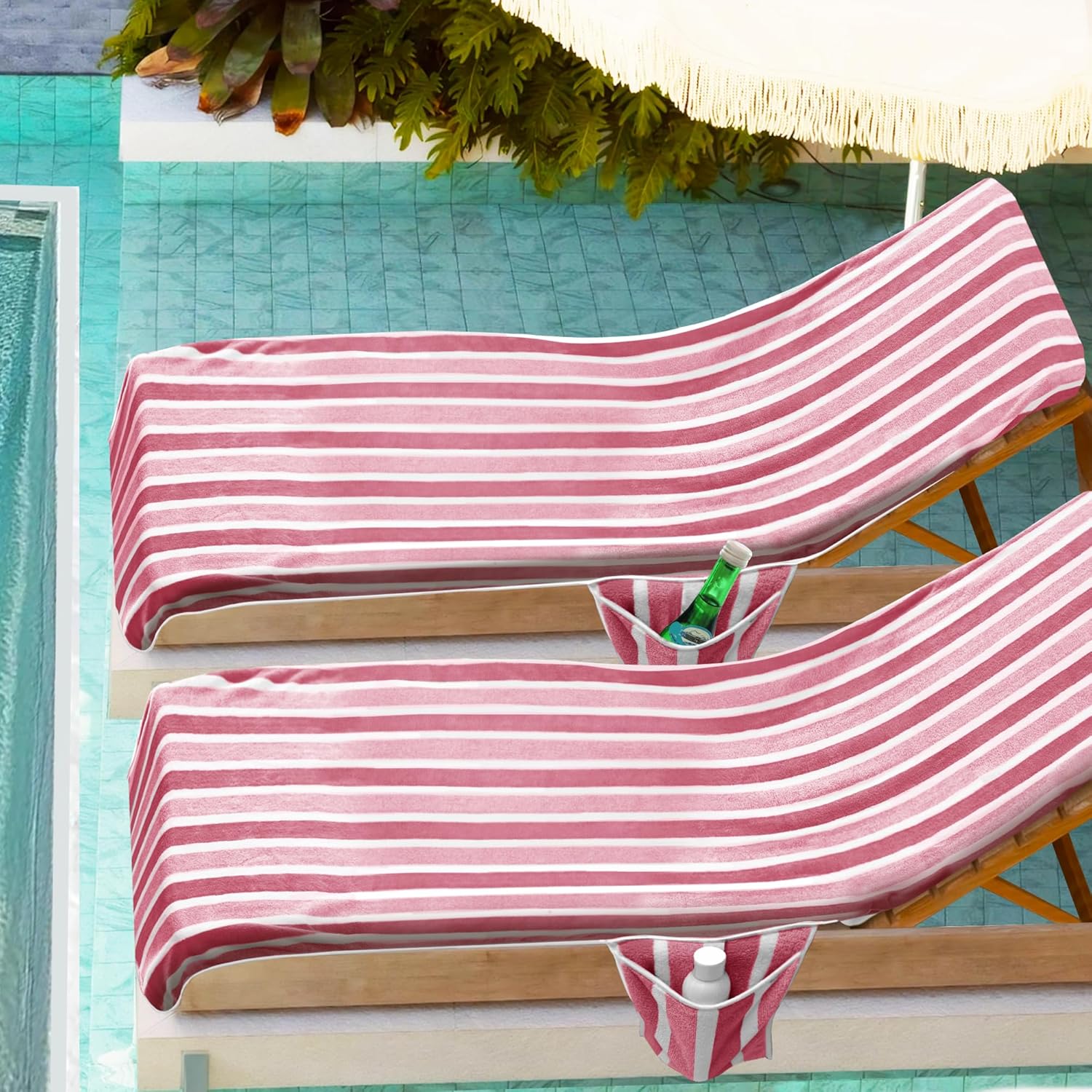 Lounge Chaise Chair Towel Cover, Pack of 2,Ultra Plush & Absorbent Micro Fleece Towel Cover for Pool,Beach,Outdoor(Garden, Courtyard) | Faster Drying,Non-Slip, 2 Side Pockets | 85" x 30"-Pink