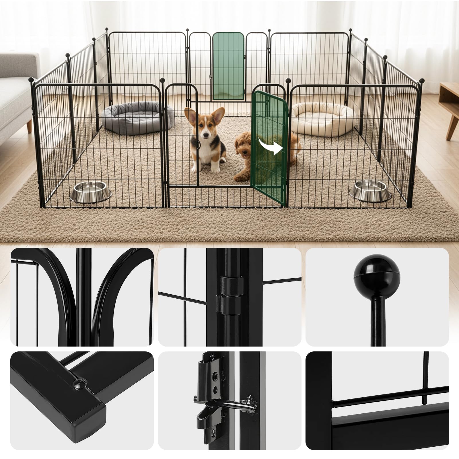 Trintion Welpenauslauf Hundelaufstall mit Einhand-Sicherheitsschloss, stabiles faltbares Hundegitter aus Metall für Welpen & Hunde, modularer Hundelaufstall für Innen & Außen (8PCS+80CM)