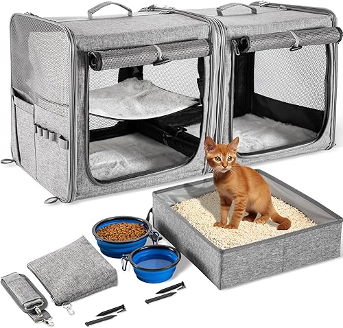 Suertree Transportador de gatos para 2 gatos, transportador de viaje para mascotas con caja de arena para gatos y perros pequeños de hasta 45