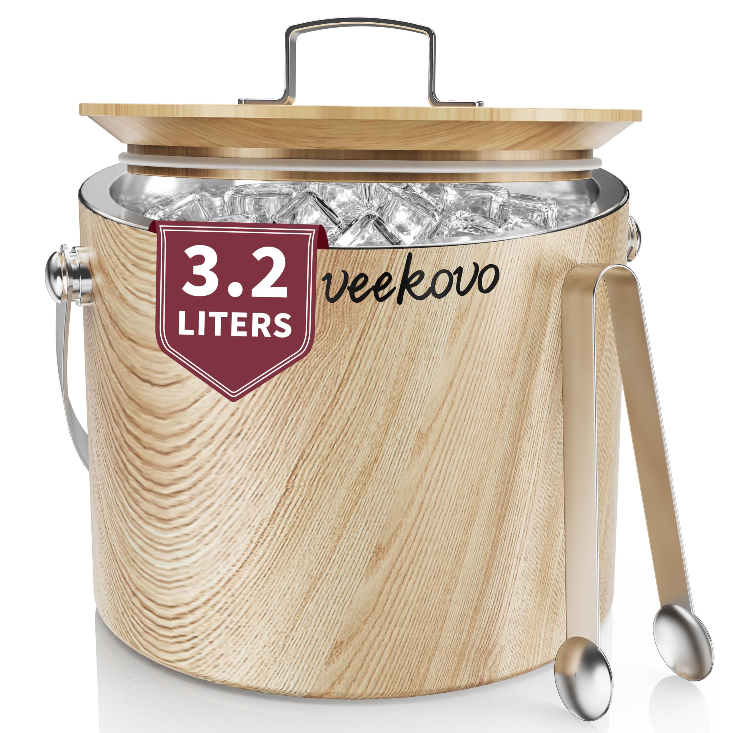 3.2L Insulated Ice Bucket with Lid and Tongs, Double Wall Stainless Steel Ice Bucket, Teakwood Finish, BPA Free Ice Bucket, Perfect for Home Bars, Pubs, Restaurants, BBQs and Gift (Teakwood Finis)
