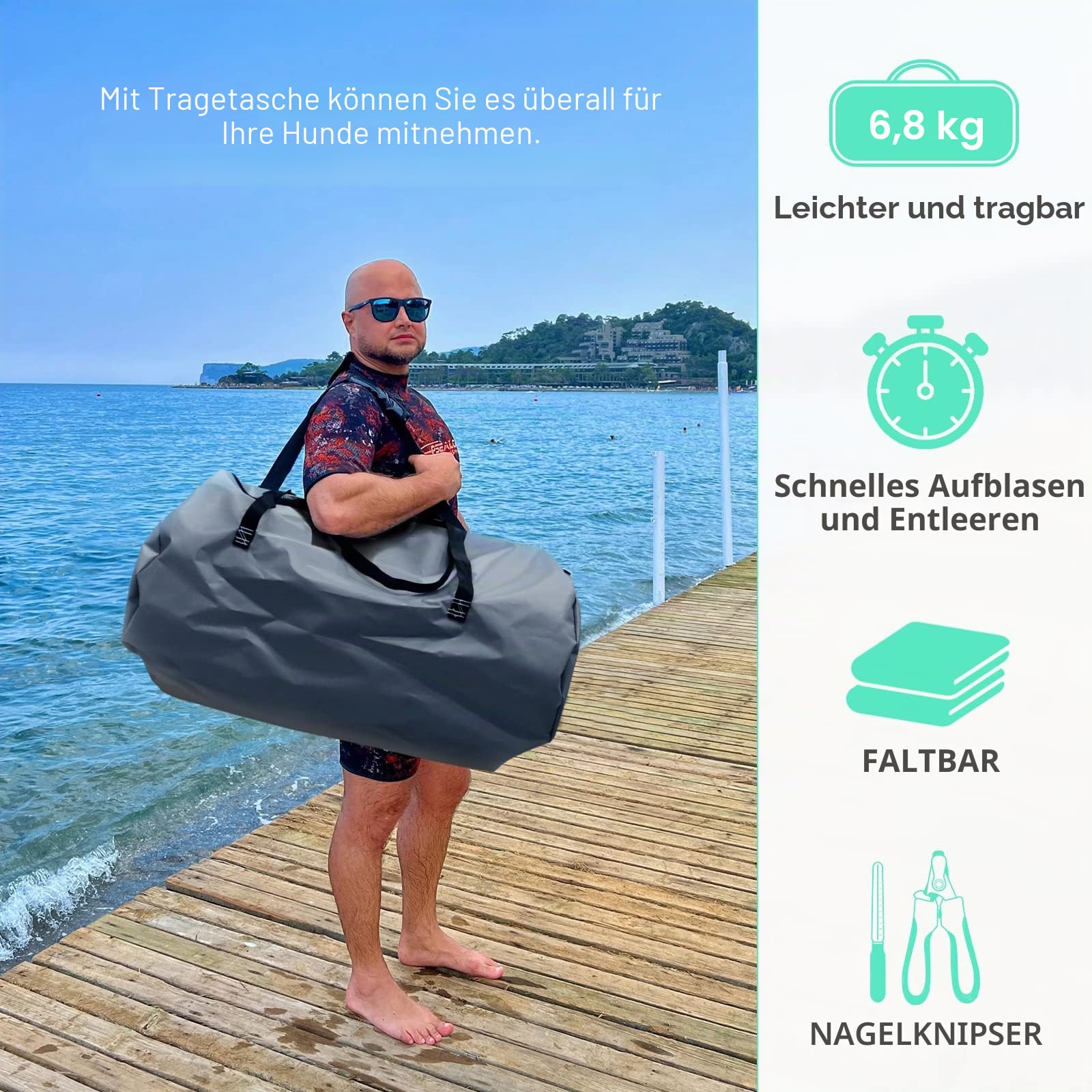 Aufblasbare schwimmende Rampe für große Hunde, zum Schwimmen für Haustiere bis zu 100 kg, aufblasbare Leitern für Boote, Stege, mit Pumpe/Seil/Reparaturset, rutschfestem PVC-Gewebe