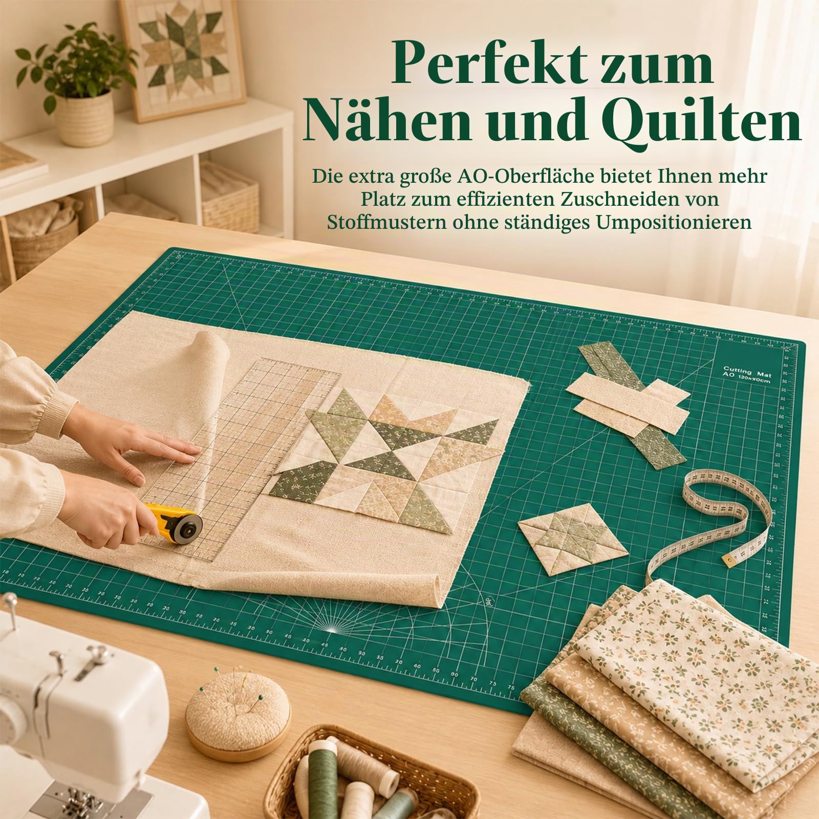 NCONCO Schneidematte A0 90x120 cm Grün – Selbstheilende Cutting Mat A0, 5-lagig & schnittfest, beidseitig Bedruckt, extra große Bastelunterlage & Schneideunterlage für Nähen, Patchwork, Modellbau