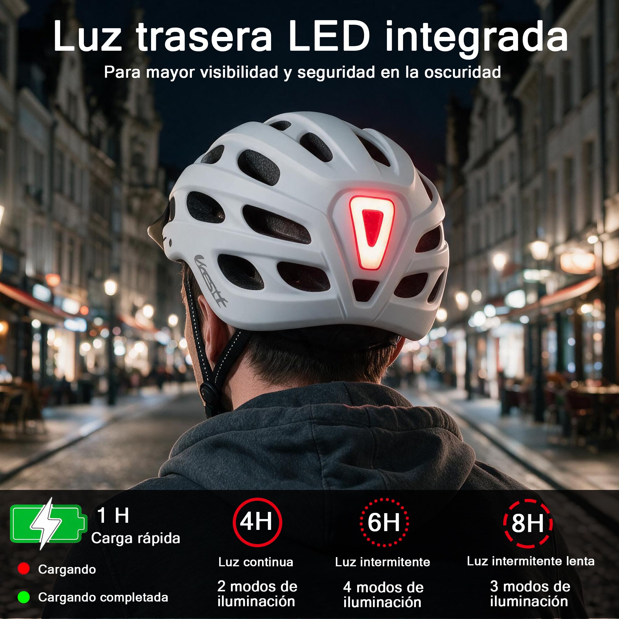 Westt Casco de Bicicleta con luz Recargable y Visera, para Hombre y Mujer