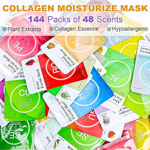 Miniatura 9 de VESPRO Mascarillas faciales de hoja de colágeno (48 unidades), mascarillas a granel para la cara, cuidado de la piel para todo tipo de piel,