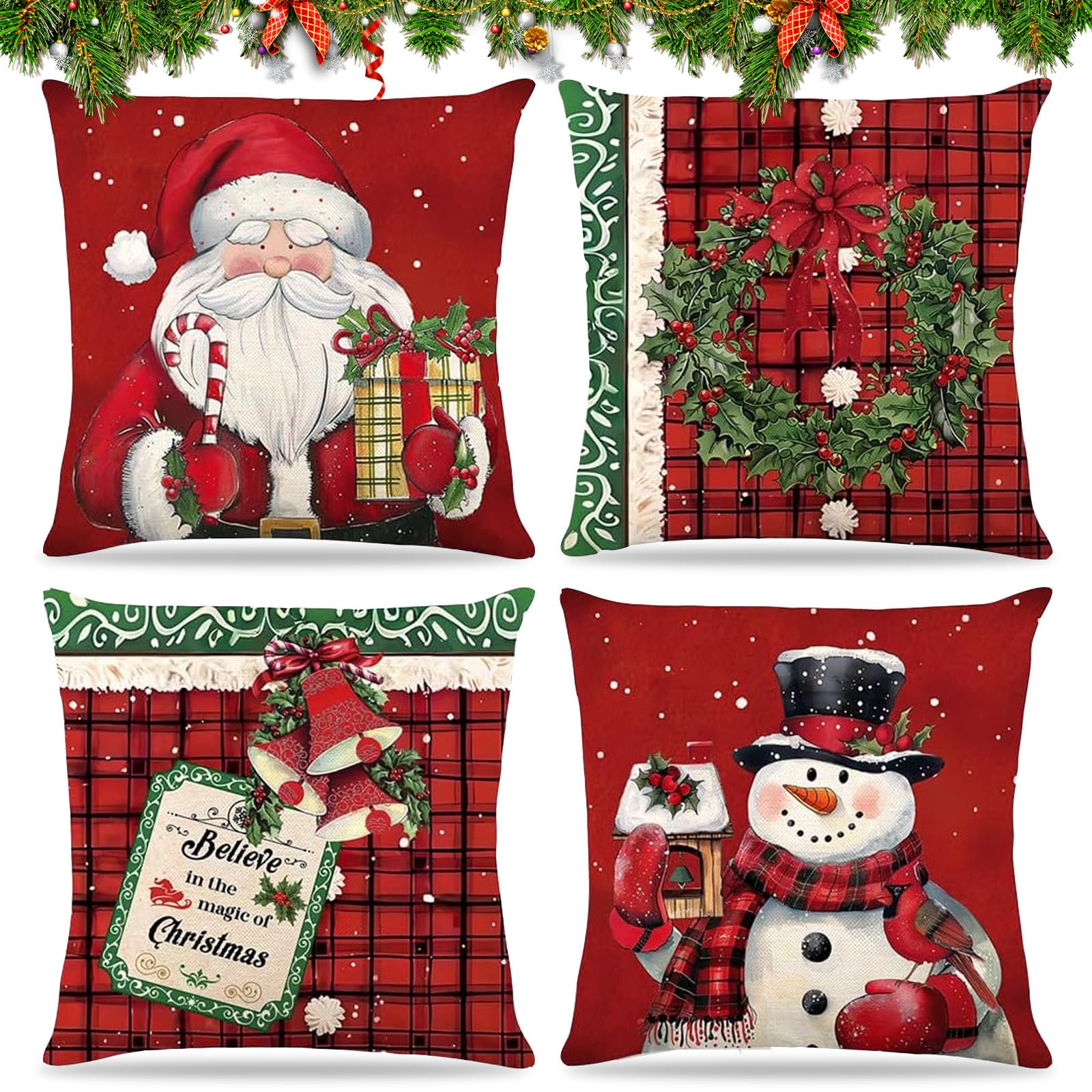 Funda Cojines Navidad,4 Piezas Fundas de Almohadas Navideñas 40cmx40cm,Funda de Cojines Navideño,Decoracion Navidad Hogar,Funda Almohada de Lino de Navidad,Fundas Cojines Navideños,para Dormitorio
