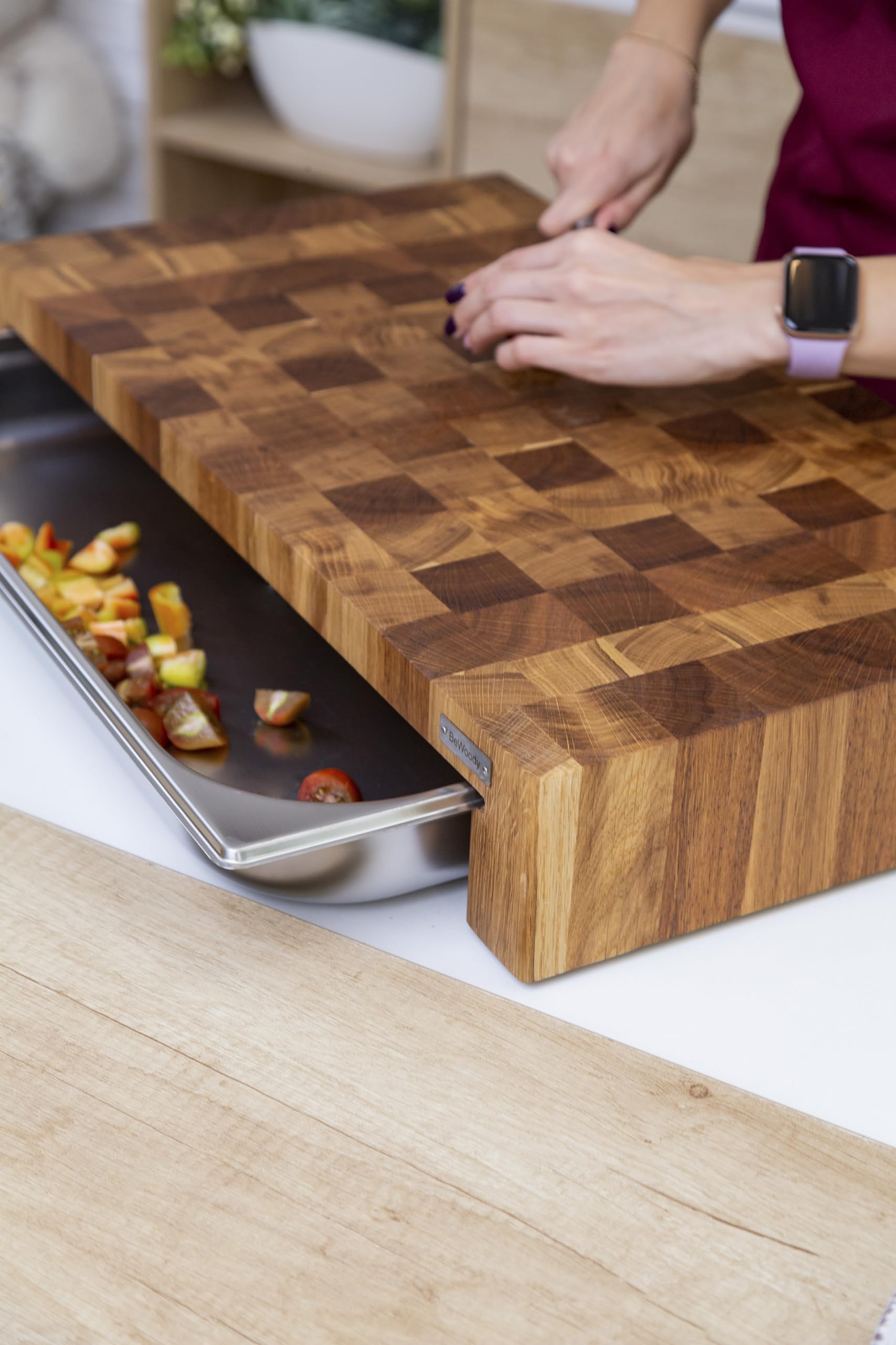Premium XXXL Stirnholz Brett Hackblock mit Behälter 8 Liter 60X34X10 cm Schneidebrett Holz Eichenholz