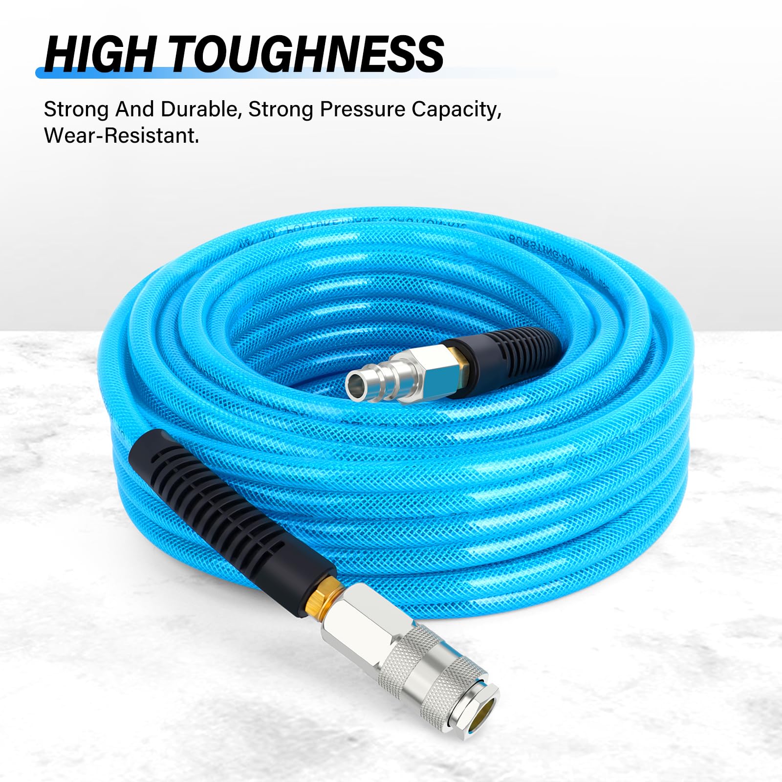 TAILONZ PNEUMATIC Tuyau d'air en polyuréthane 1/4" x 15M, Pression de service maximale 1.5 MPA, composé de laiton et de tuyau bleu en polyuréthane, facile à installer.