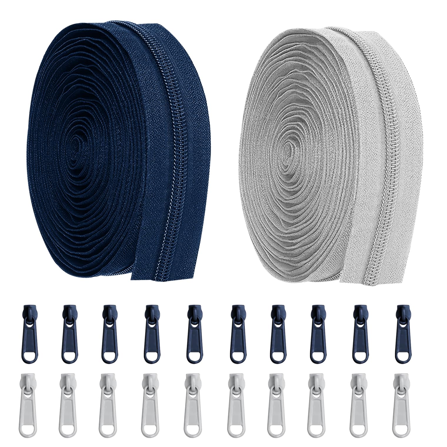 meiyoushengda 10 Yard 360 Inch #5 Nylon Coil Zippers, Bulk Zipper by The Yard,Includes 20 Sliders,Zipper for Sewing,DIY,Crafts,Bags,Luggage,Clothing - Navy Blue & Gray (5 Yards Each)