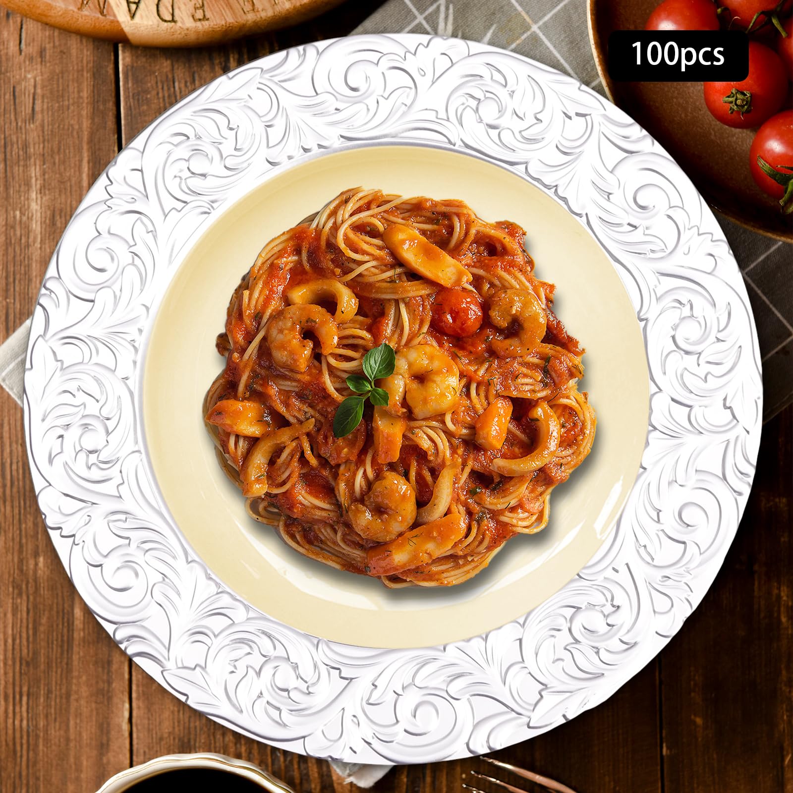 RustyVioum Charger Plates Set, 100 Pcs 13in Round With Embossed Rim Charger Plates Reusable Embossed Dinner Plate for Dinner Wedding Party Event Table Setting Decoration