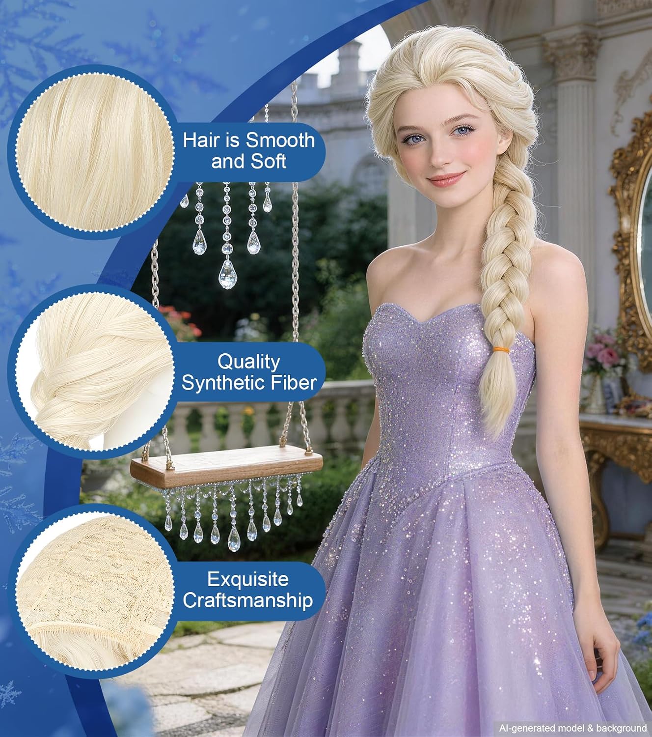 White Blonde Long Braid Princess Wig Set, Cosplay Wig for Women