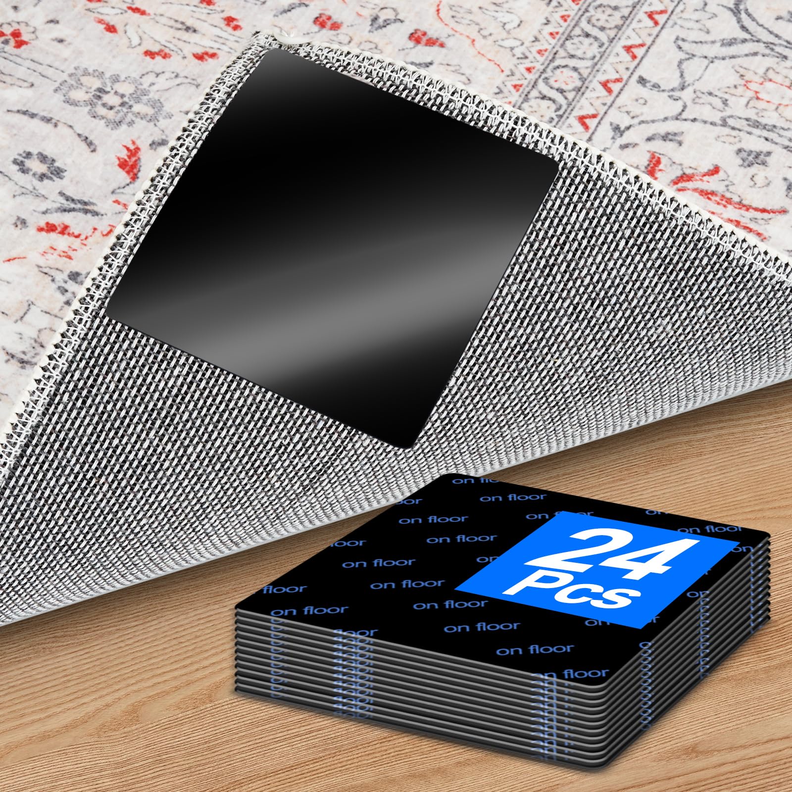 Druvian Premium Rug Grippers & Carpet Tape – 24PCS Square Anti-Slip Pads for Area Rugs, 3.9 Inch, Prevent Curling & Sliding, Ideal for Hardwood, Tile,