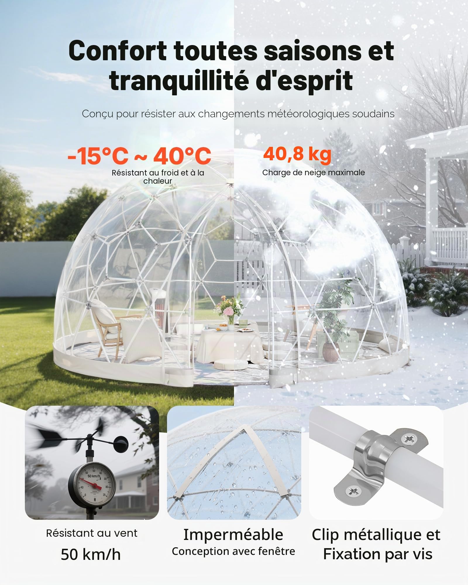 VEVOR Tente à Bulle Dôme, 2,9 x 1,7 m, Tente Igloo Bulle Transparente Résistante, 2 à 4 Personnes, avec Fenêtres pour Extérieur, Camping, Terrasse, Arrière-Cour, Jardin, Fêtes, Anniversaires, Mariage | Serre dôme géodésique en PVC résistant aux intempérie