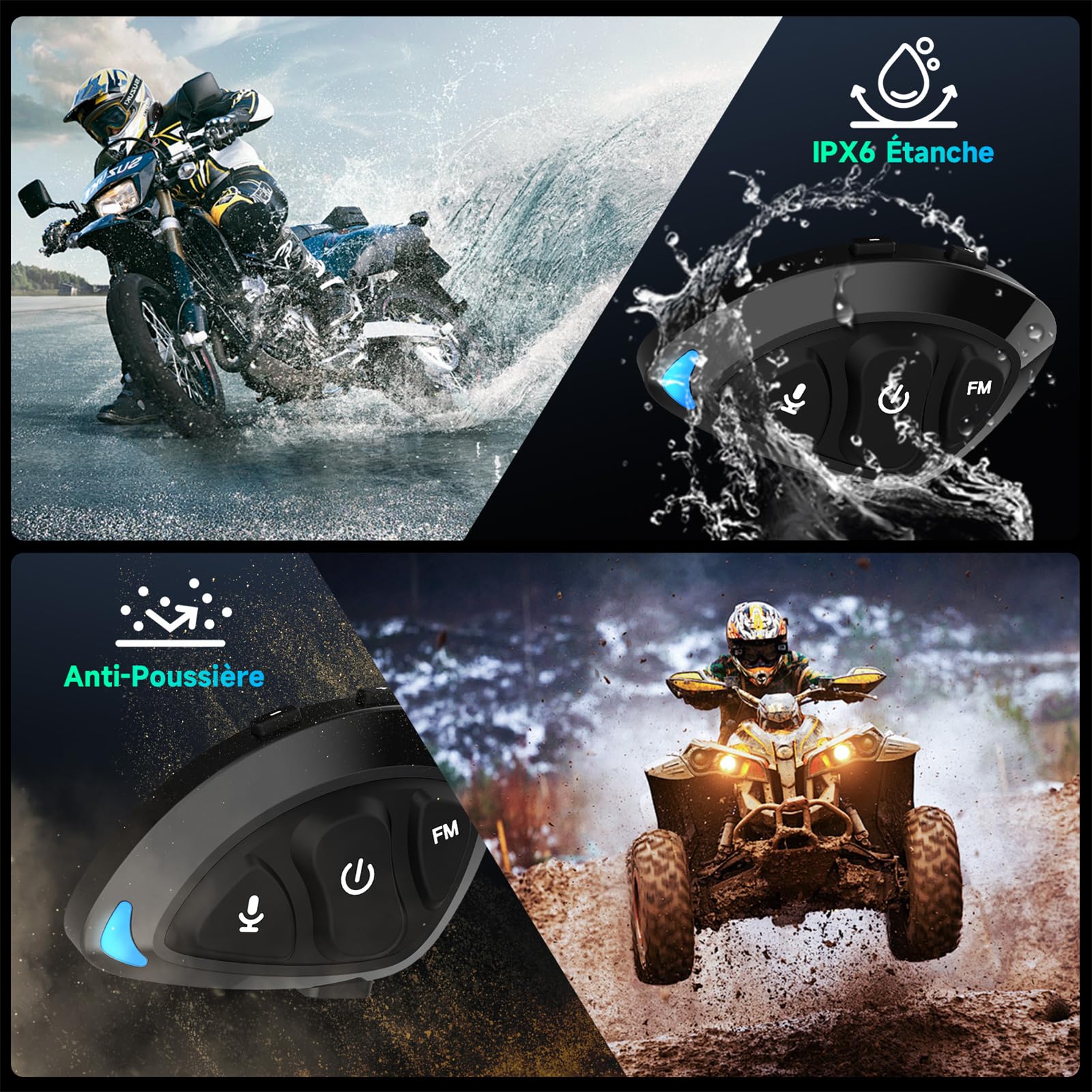 Moman Écouteurs Casque Moto, RS-S Compact Kit Main Libre Moto sans Fil 5.1 Casque Scooter Haut-Parleurs Hi-FI Réduction du Bruit Radio FM/Bouton Adapté aux Gants/IA Commande Vocale/IPX6 Étanche
