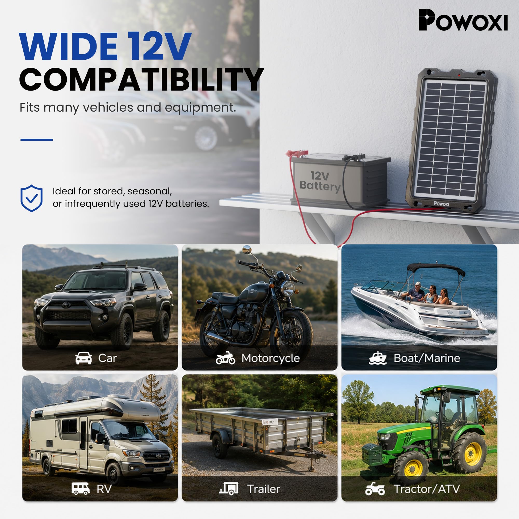 POWOXI Chargeur de Batterie Solaire 7,5 W amélioré - Kit de Charge Portable étanche pour Voiture, Moto, Bateau, Bateau, Camping-Car, remorque, Sports motorisés, motoneige, etc.