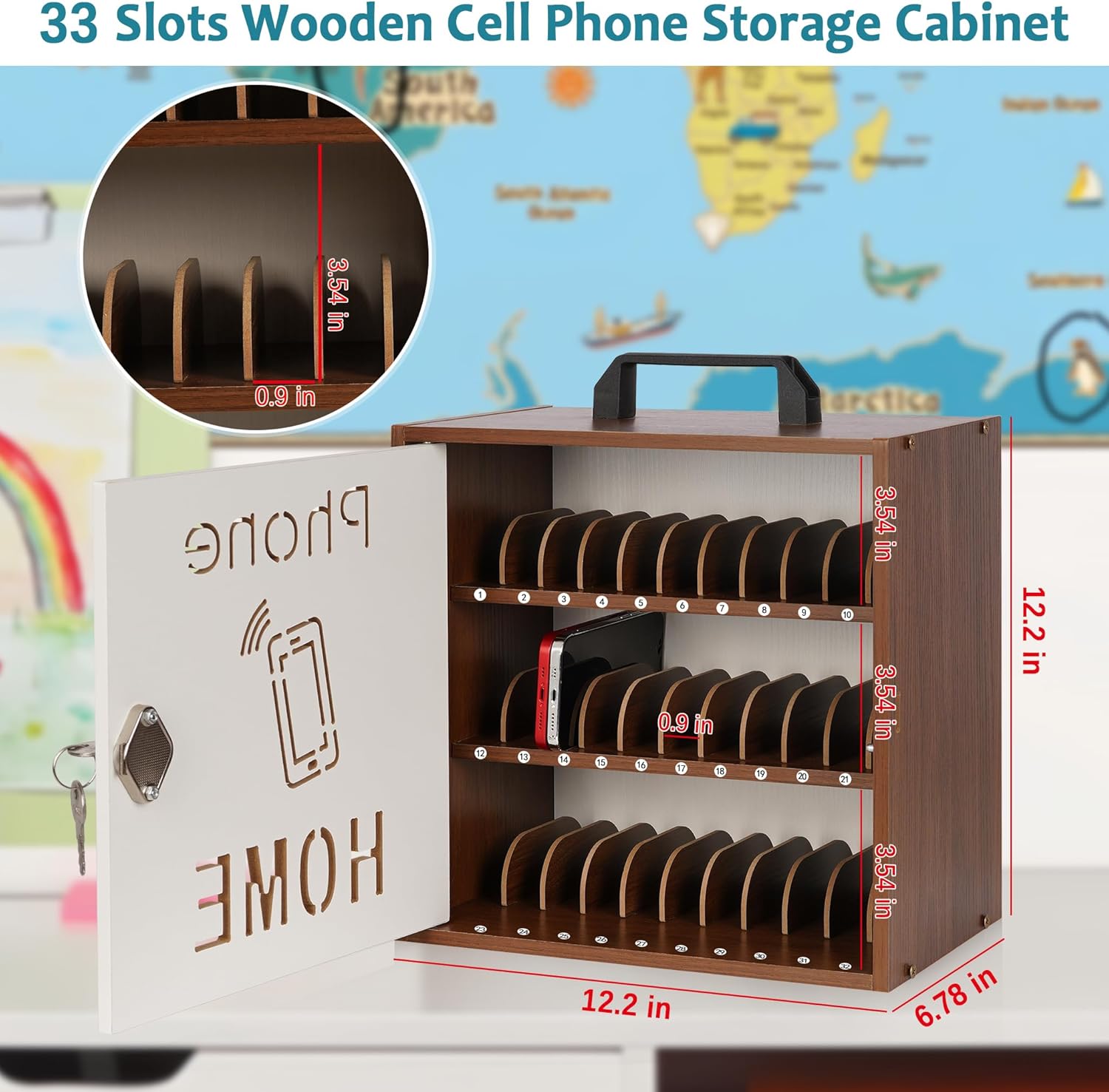 Loghot Wooden Cell Phone Storage Cabinet, 33 Adjustable Slots Cell Phone Locker with Security Lock & Handle, Desktop Phone Organizer for Classroom, Office & Repair Shops, Black Walnut