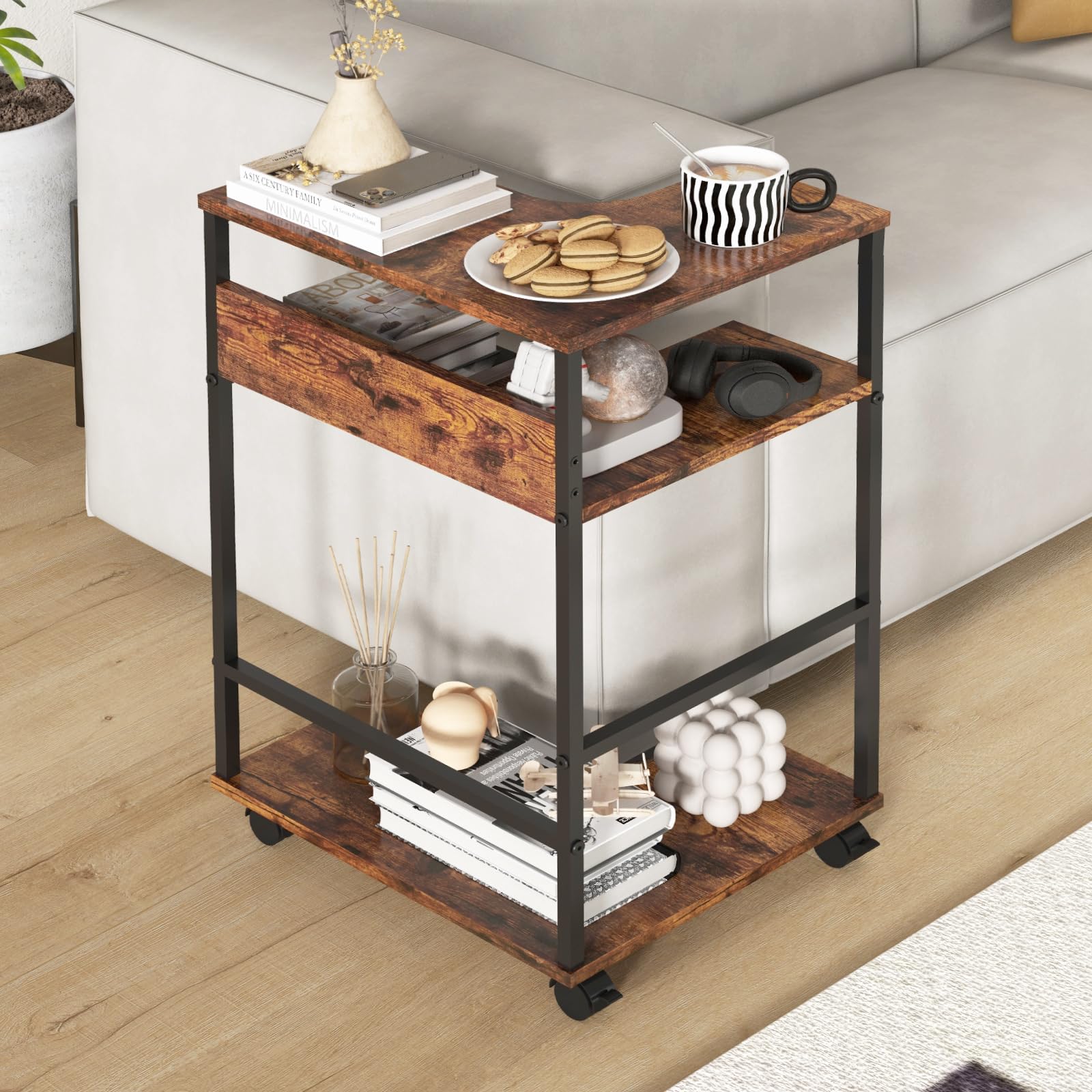 L Shape Sofa Side Table, 3 Tier Small End Table, Couch Side Table, Sofa End Table Storage Shelves, Swivel Mobile Couch Tables with 5 Wheels, Laptop Table for Home Office, Rustic Brown