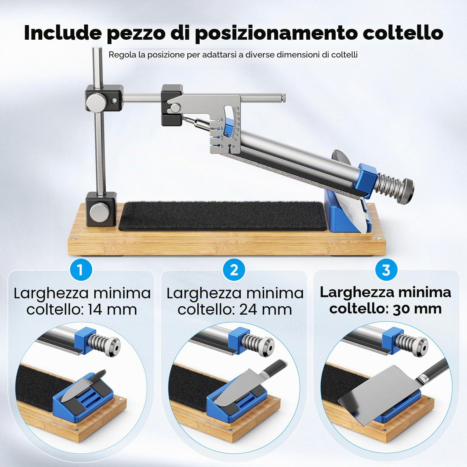 Affilacoltelli manuale con guida angolare – Kit professionale comprensivo di 4 pietre per affilare, adatto a tutti i coltelli da cucina e da outdoor, con base antiscivolo in legno