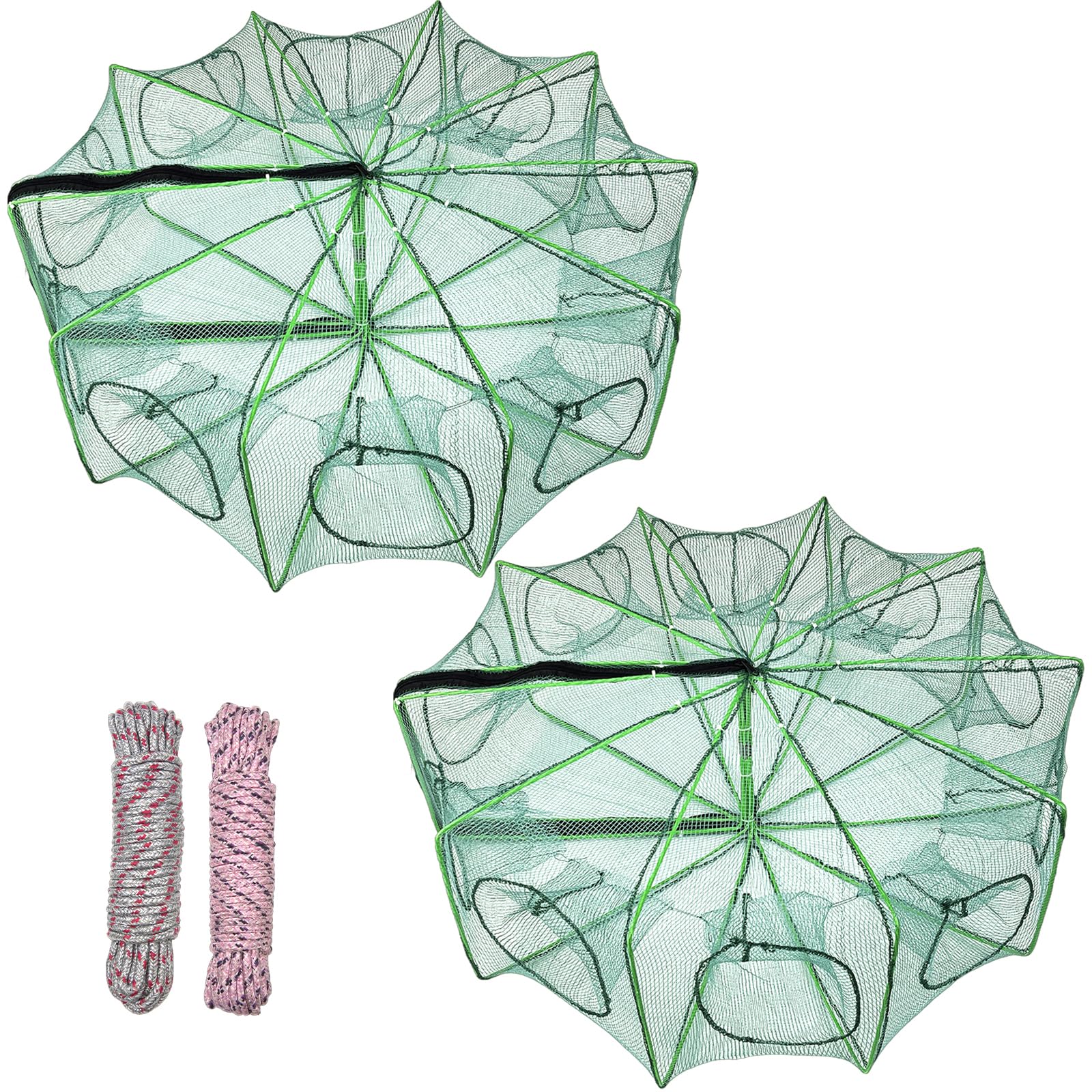 2 Pcs 32 x 10 Inch Collapsible Crab Trap 10 Holes 10 Sides Foldable Fishing Nets with 2 Rope for Minnows Fishing Crawfish Crab Lobster Shrimp