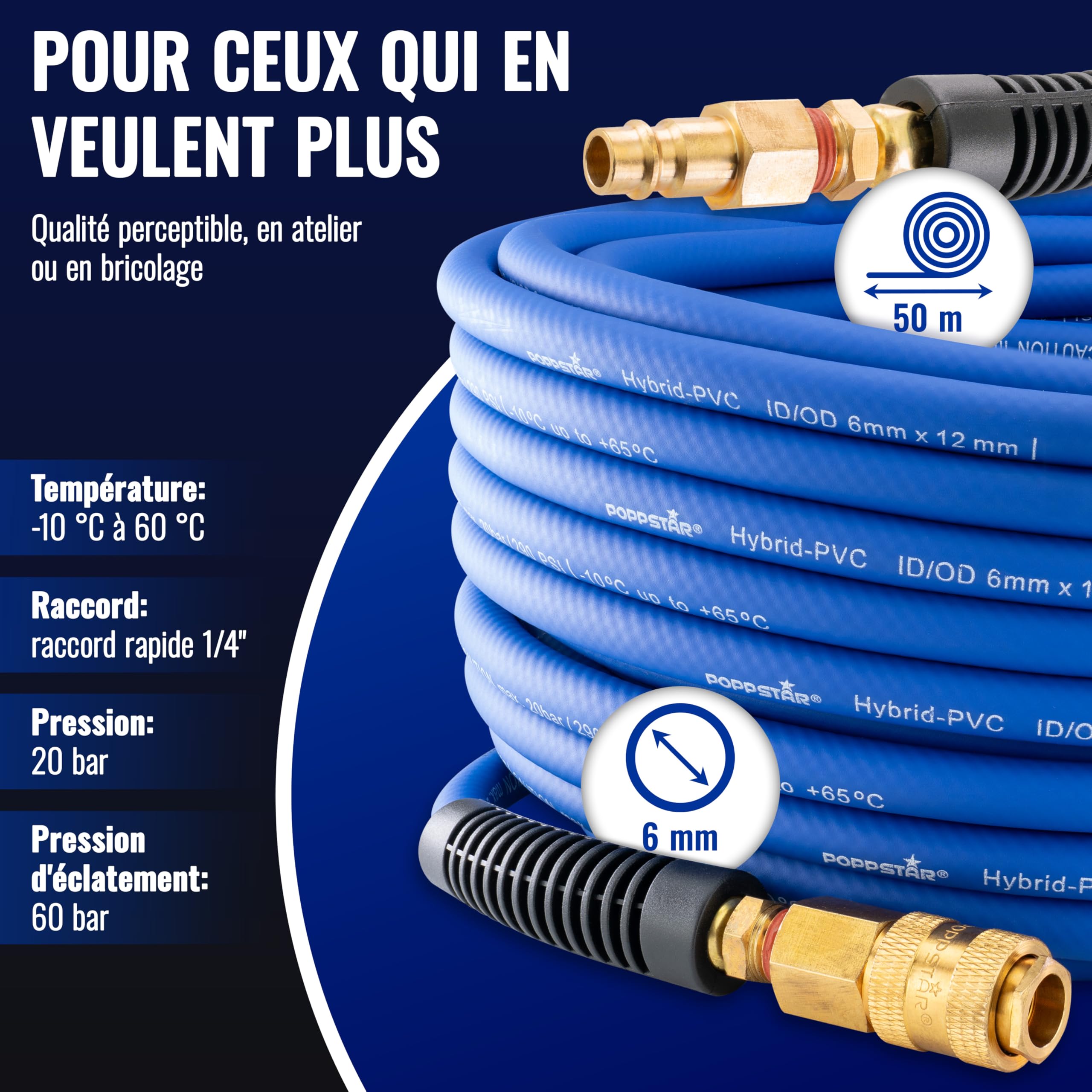 Poppstar Tuyau à Air Comprimé PVC Hybride 50m, Diamètre Intérieur 6mm, Raccord Rapide en Laiton 1/4", 20 bar, Bleu