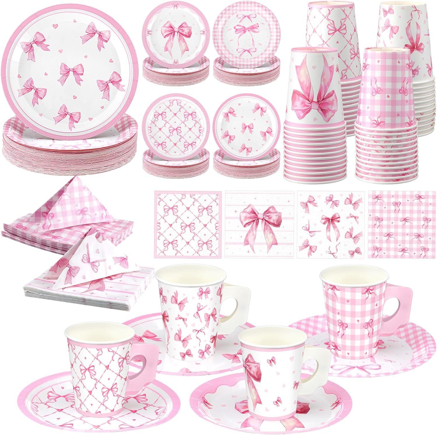144 Pcs Pink Bow Party Supplies Kits Bachelorette Party Decorations Include Pink Paper Plates Napkins Cups Coquette Disposable Tableware Dinnerware for Girls Birthday Bridal Shower