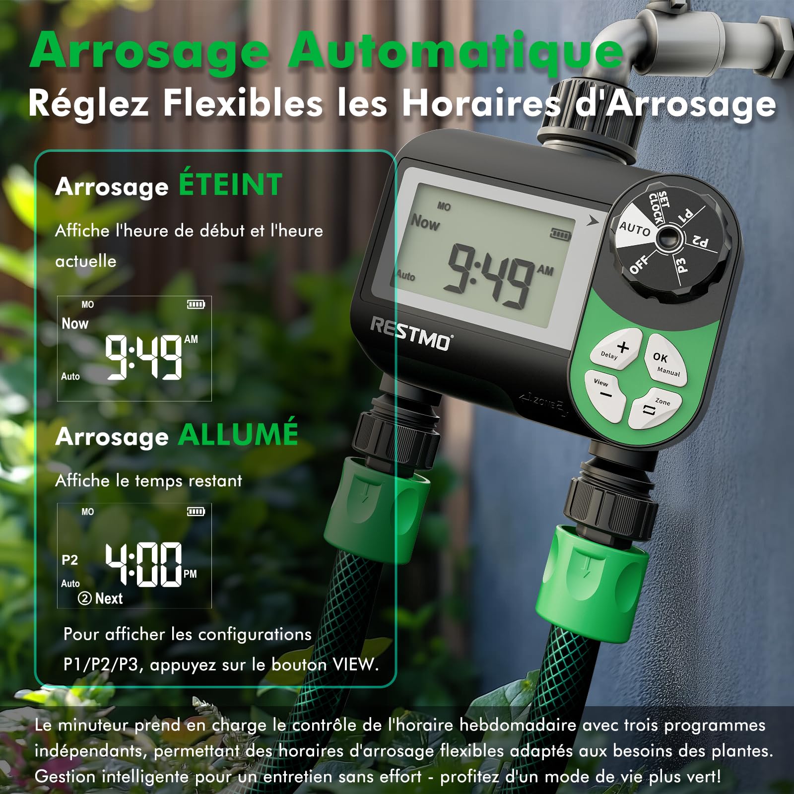 Restmo Programmateur arrosage Minuteur d'arrosage programmable sur 7 Jours | 3 programmes séparés, contrôle automatique/manuel/retard de pluie pour irrigation goutte à goutte 2 zones