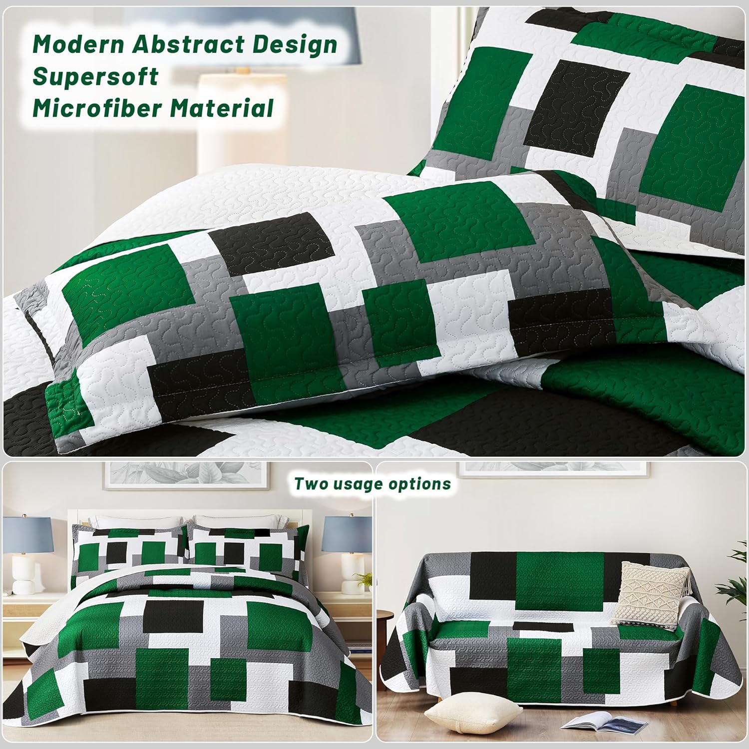 3 Piece Green Quilt Set Full/Queen Size Christmas Green Black Geometric Reversible Bedding Set Microfiber Lightweight Bedspread Coverlet with 2 Shams Modern Bed Cover for All Season, 90''x96'' - Image 3