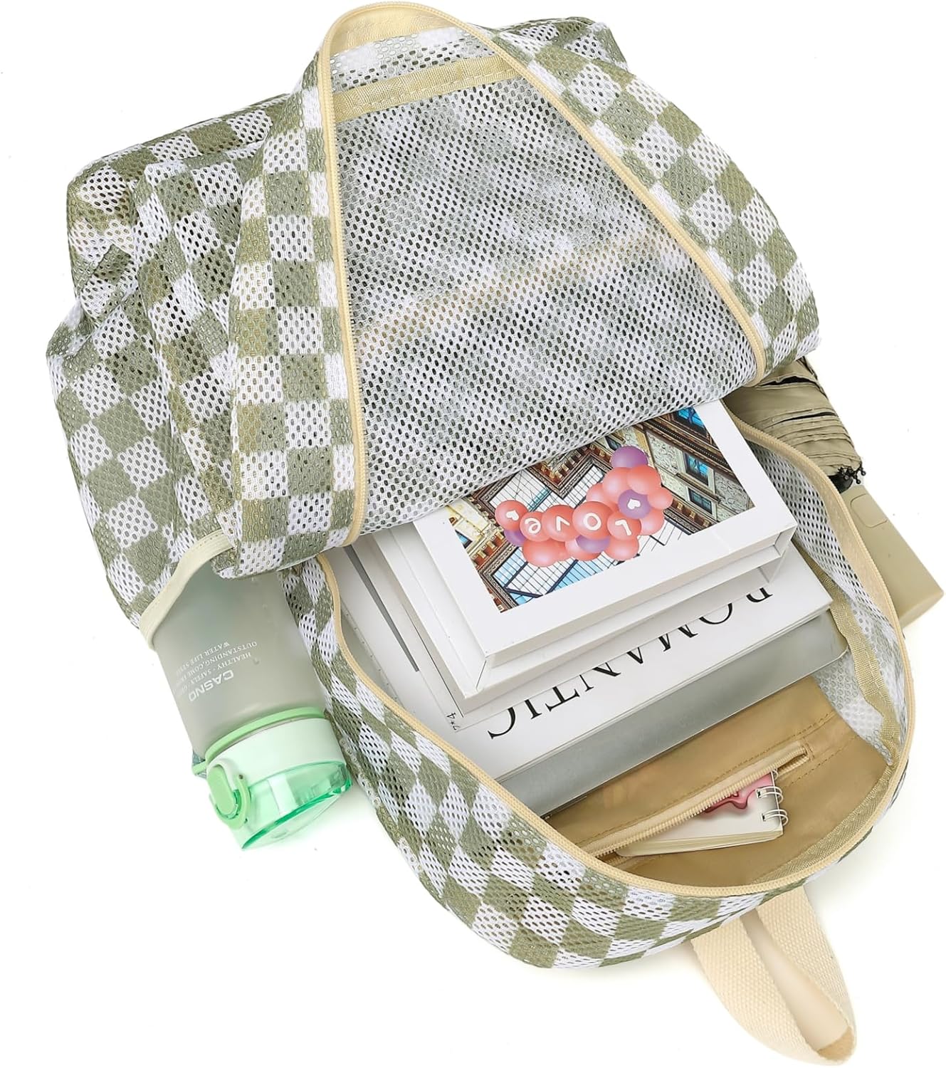 CAMTOP Mesh Backpack Kids Boys Girls Bookbag See Through Preschool Backpacks Casual Daypack for School Beach Travel Sport (Green White Check) - Image 8