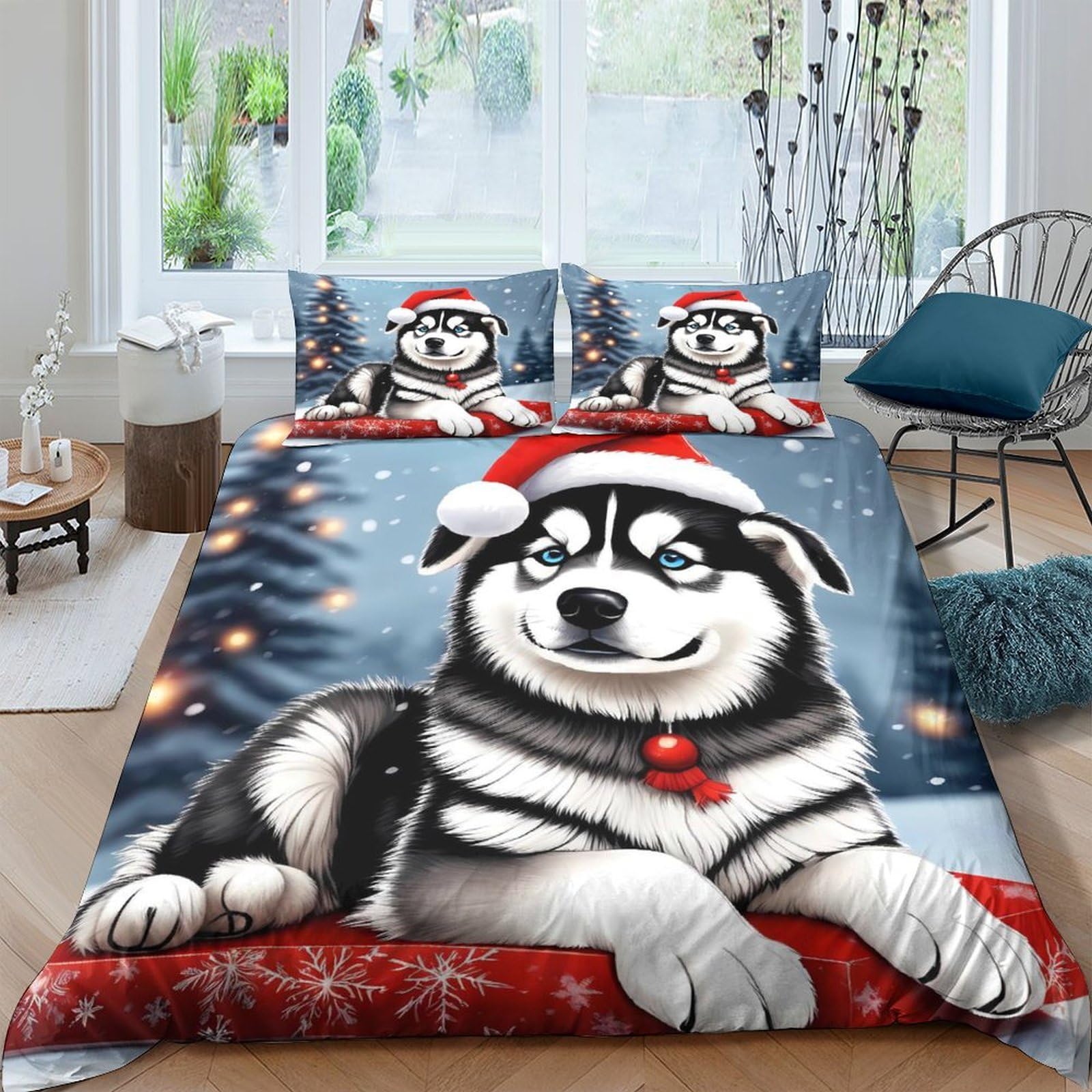 TUFRTGYHN 3D Printed Christmas Husky Dog Duvet Cover Microfiber Soft Breathable Winter Forest Bedding Set with 2 Pillowcases, for Bedroom Home Decor Single（135x200cm）