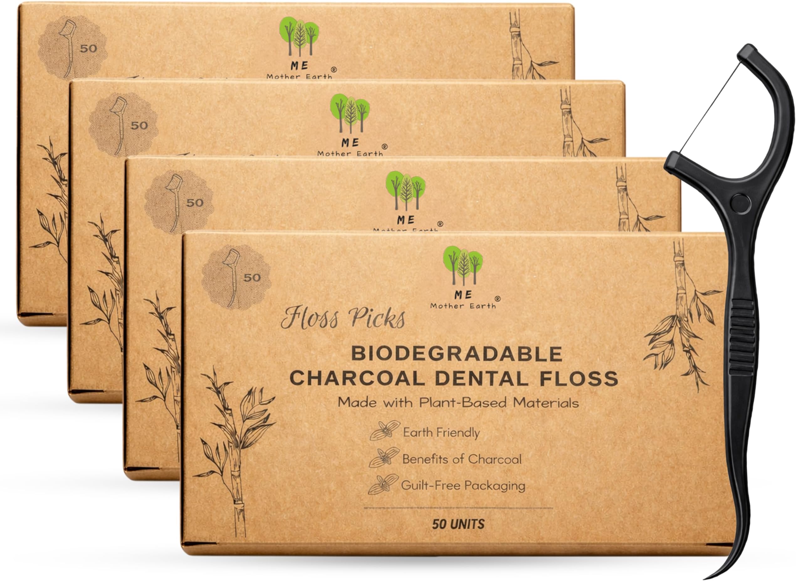 Vegan Biodegradable Dental Floss Picks (200 Count) - Natural | Sustainable | Eco-Friendly | Charcoal Dental Flossers for a Zero Waste Oral Care (3 Inch)
