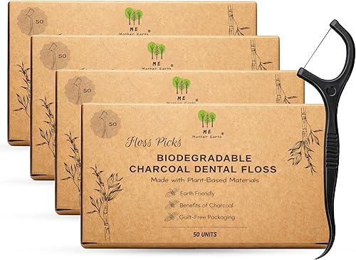 Me Mother Earth Palillos de hilo dental biodegradables veganos (200 unidades), naturales, sostenibles, ecológicos, hilo dental de carbón para un