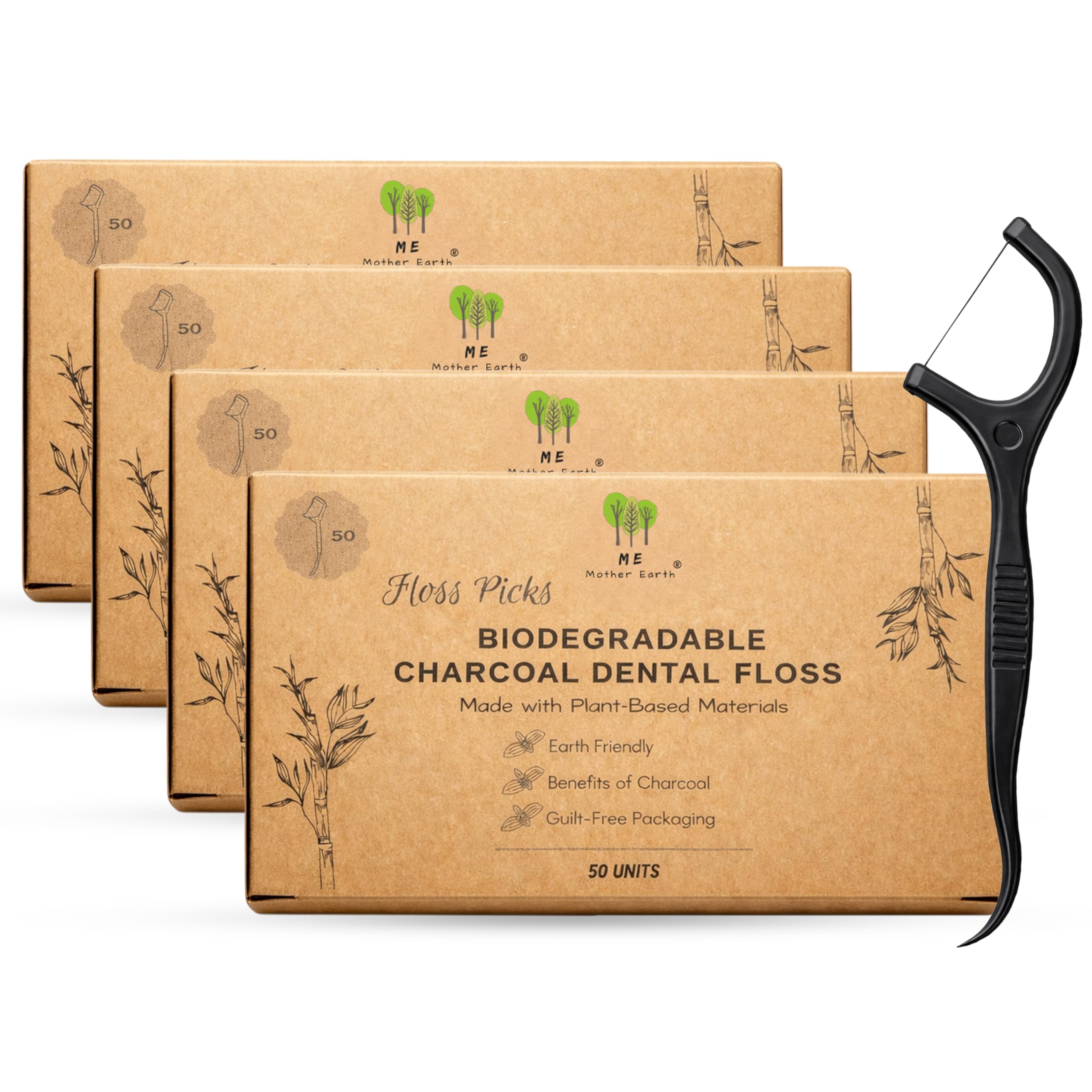 Me Mother Earth Vegan Biodegradable Dental Floss Picks (200 Count) - Natural | Sustainable | Eco-Friendly | Charcoal Dental Flossers for a Zero Waste Oral Care (3 Inch)