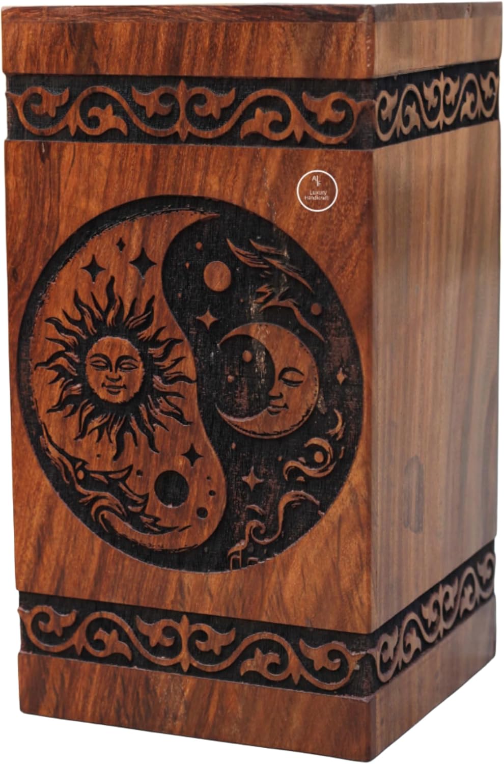 Sun and Moon Galaxy Urn for Human Ashes Adult Engraved Beautifull Wooden Human Ashes Adult Male Female Ashes Men Women Child, Pets Cat Dog Urn, Burial Funeral Memorial (Small [8X5-115 Cu.in])