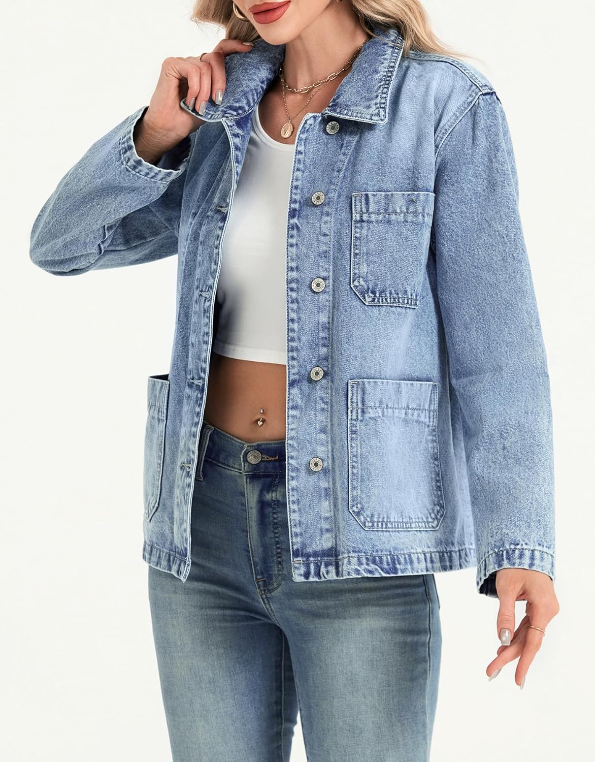 Kedera Denim Jackets for Women Fashion Oversized Button Down Jean Jacket Western Shacket Jacket with Pockets - Image 3