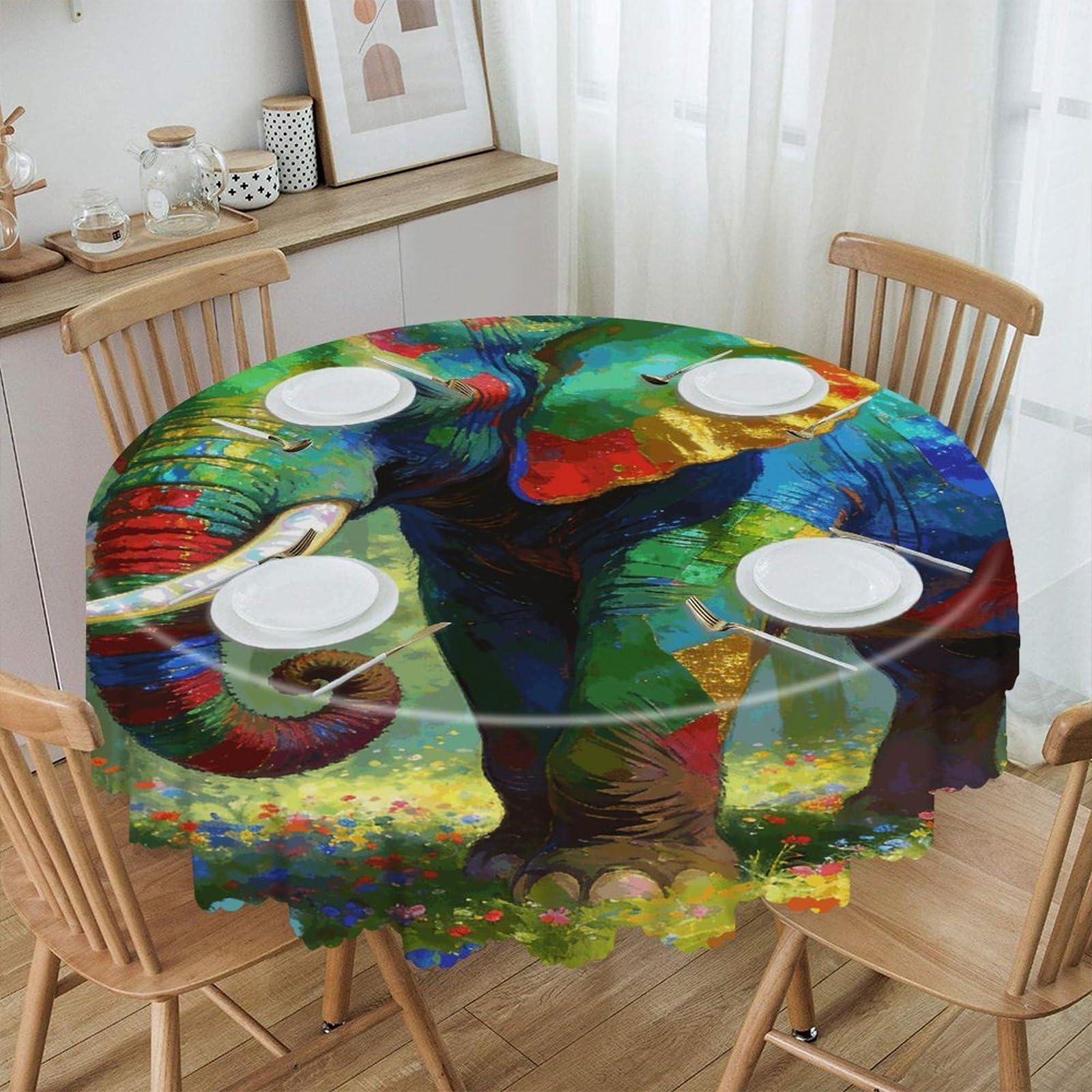Khauerbc Style Colorful Forest Elephant Round Tablecloths,Spill Proof,Polyester Fabric Washable Table Cloth Cover For Dining Wedding And Outdoor,Soft Toching And Easy Clean
