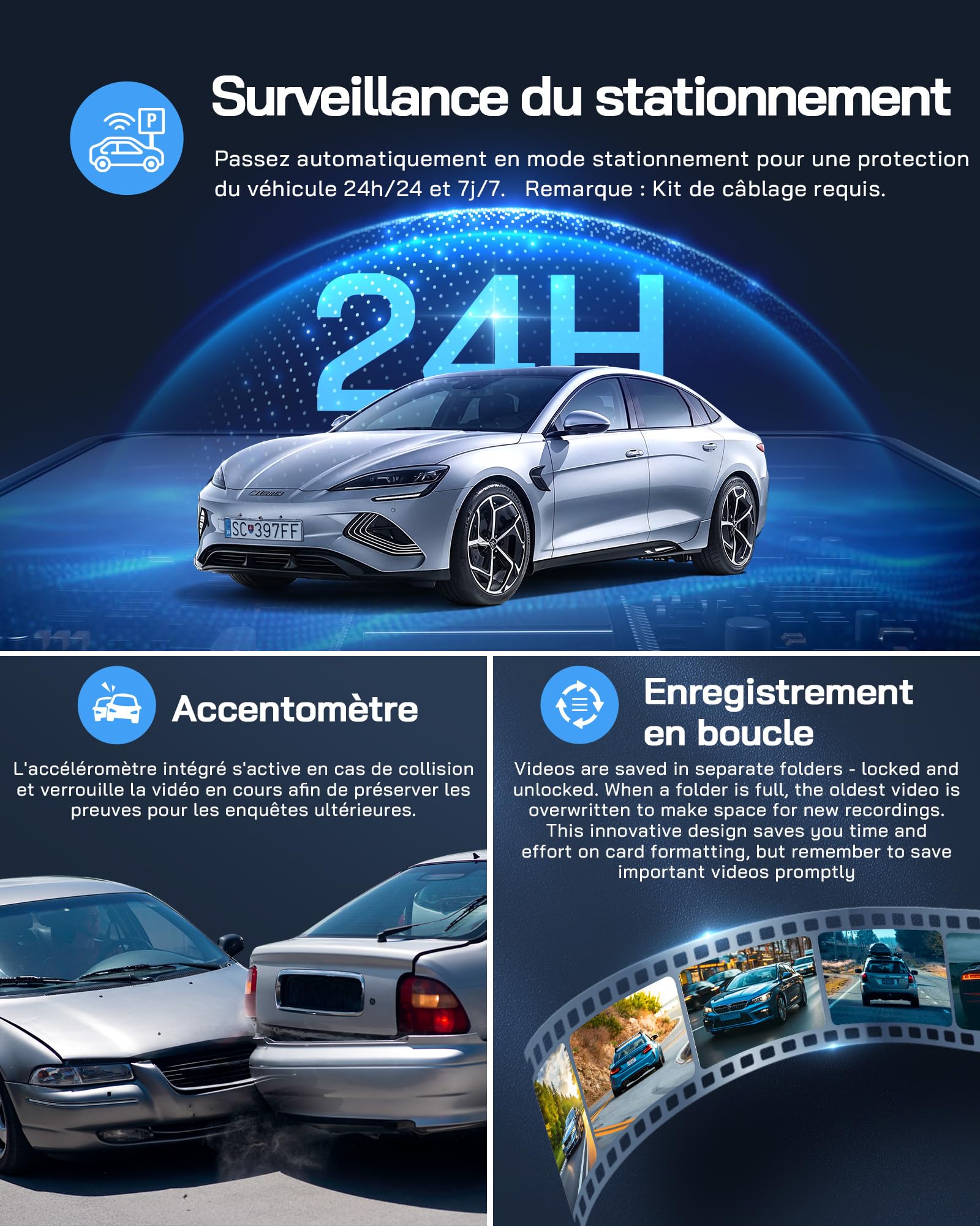 WOLFANG 4K Dashcam Voiture Avant Arrière, Wi-FI Caméra Voiture, IPS de 3", Grand Angle 170°, G-Capteur, WDR, Mode Stationnement 24H, Vision Nocturne, Enregistrement en Boucle