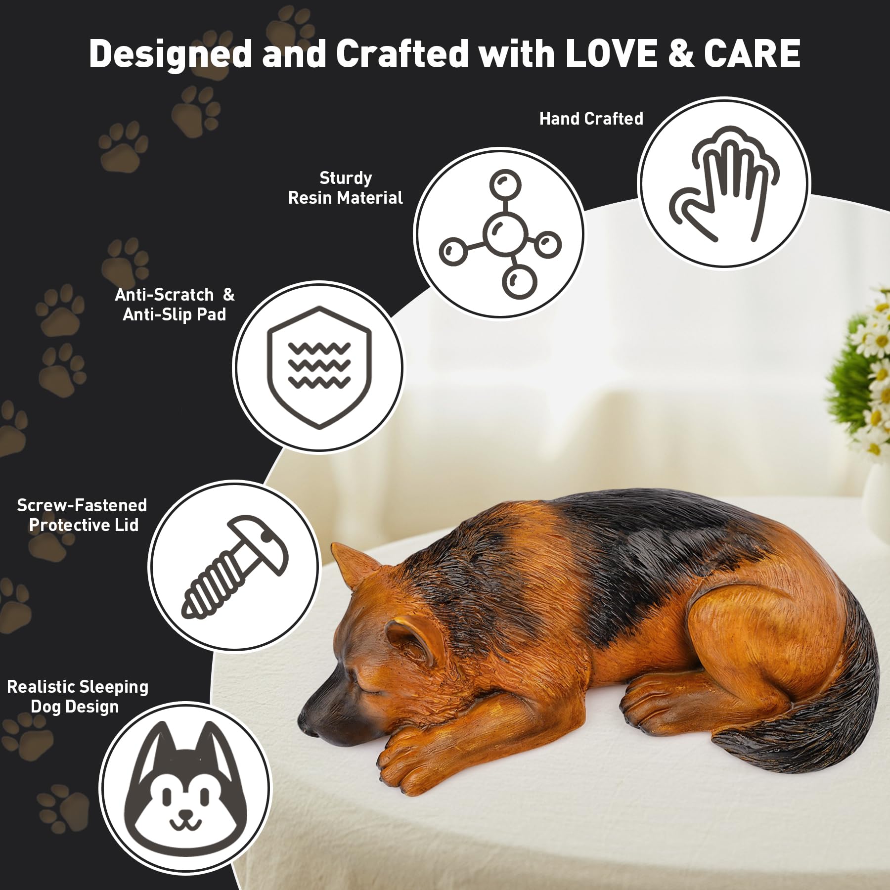 Urna commemorativa per animali domestici per le ceneri – Resina, cane sdraiato tranquillo, regalo di cordoglio per la perdita del cane, figurina commemorativa per animali domestici (Pastore