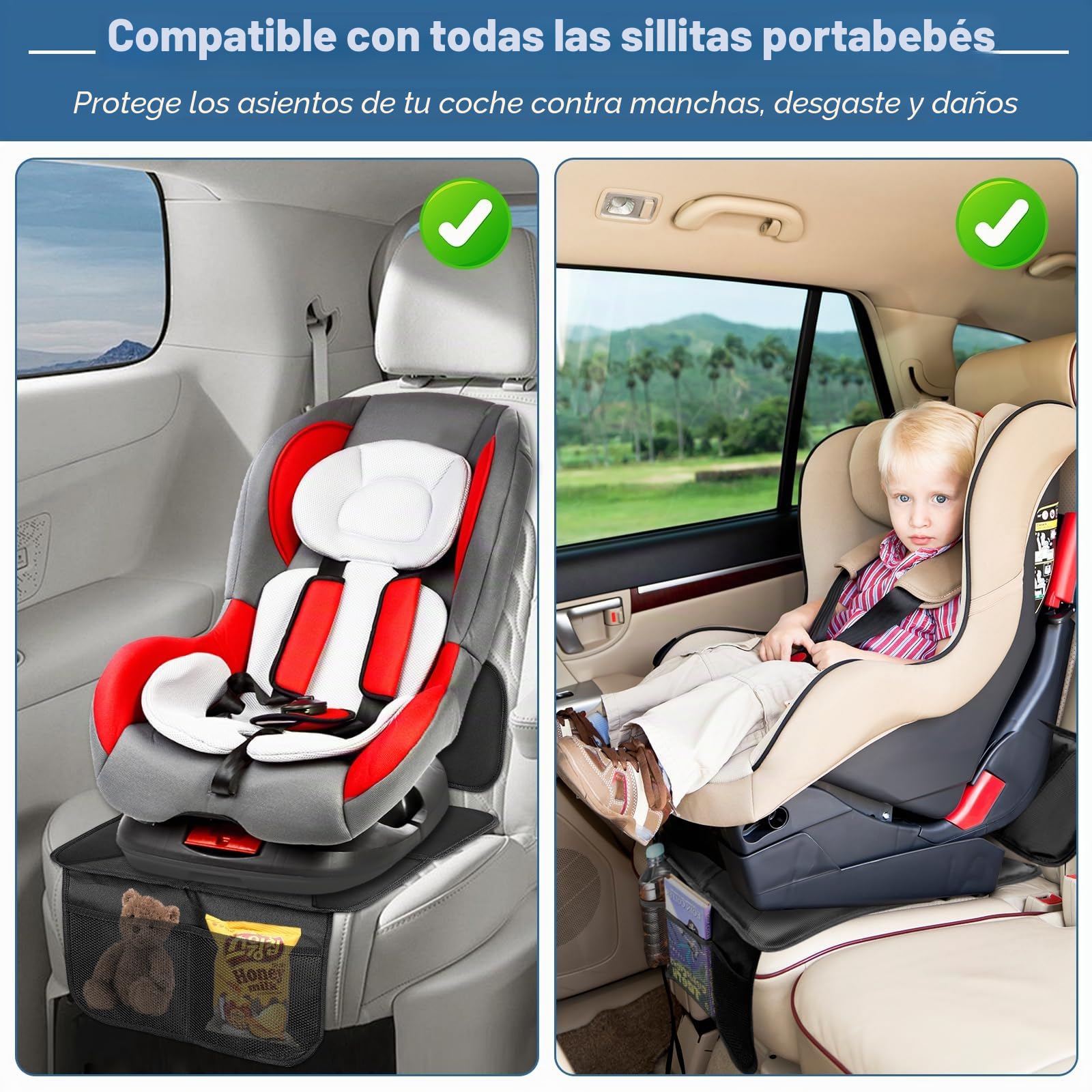 Raxfekro Protector de asiento de coche universal compatible, 600D Oxford Protector de asiento infantil para coche, antideslizante, impermeable, con bolsillos de malla (negro)