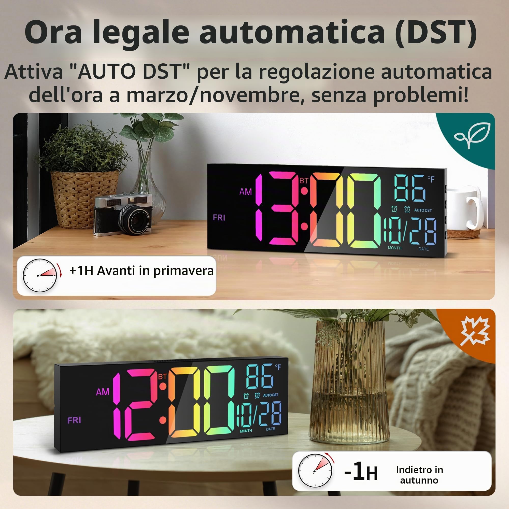 Orologio da Parete Digitale 16,5" con Bluetooth, Luce Notturna, Dimerabile, 2 Allarmi, Temperatura, Colori RGB, Telecomando, 12/24H, Timer – Salotto, Ufficio, Anziani