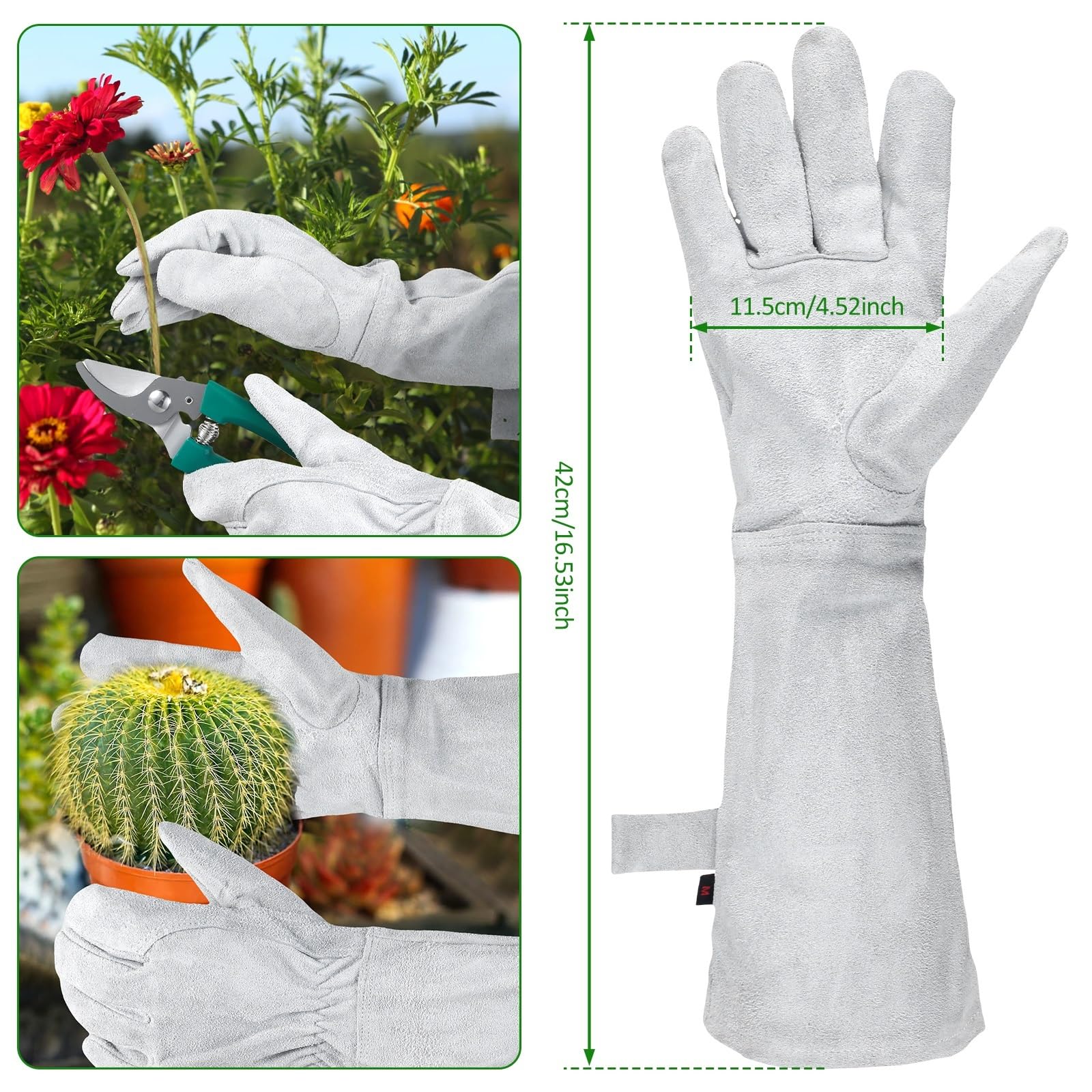lange gartenhandschuhe Lange, dornensichere Gartenhandschuhe, Lederhandschuhe for Beschneiden von Rosenpflanzen mit Manschette, Unterarmschutz(2pairs)